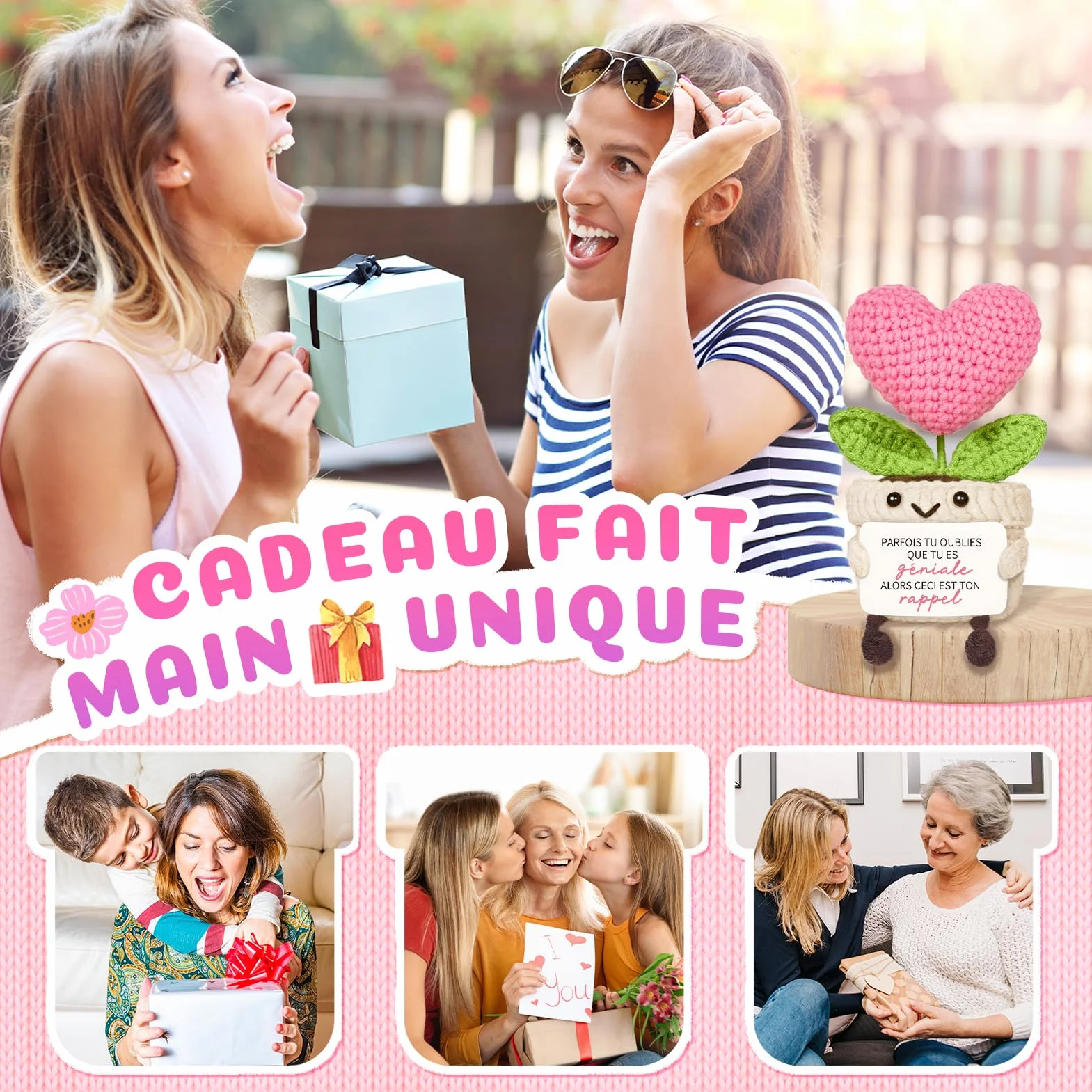 Cadeau Femme Anniversaire Décoration Forme Cœur Tricotée Rose Original pour Amie Soeur Maman