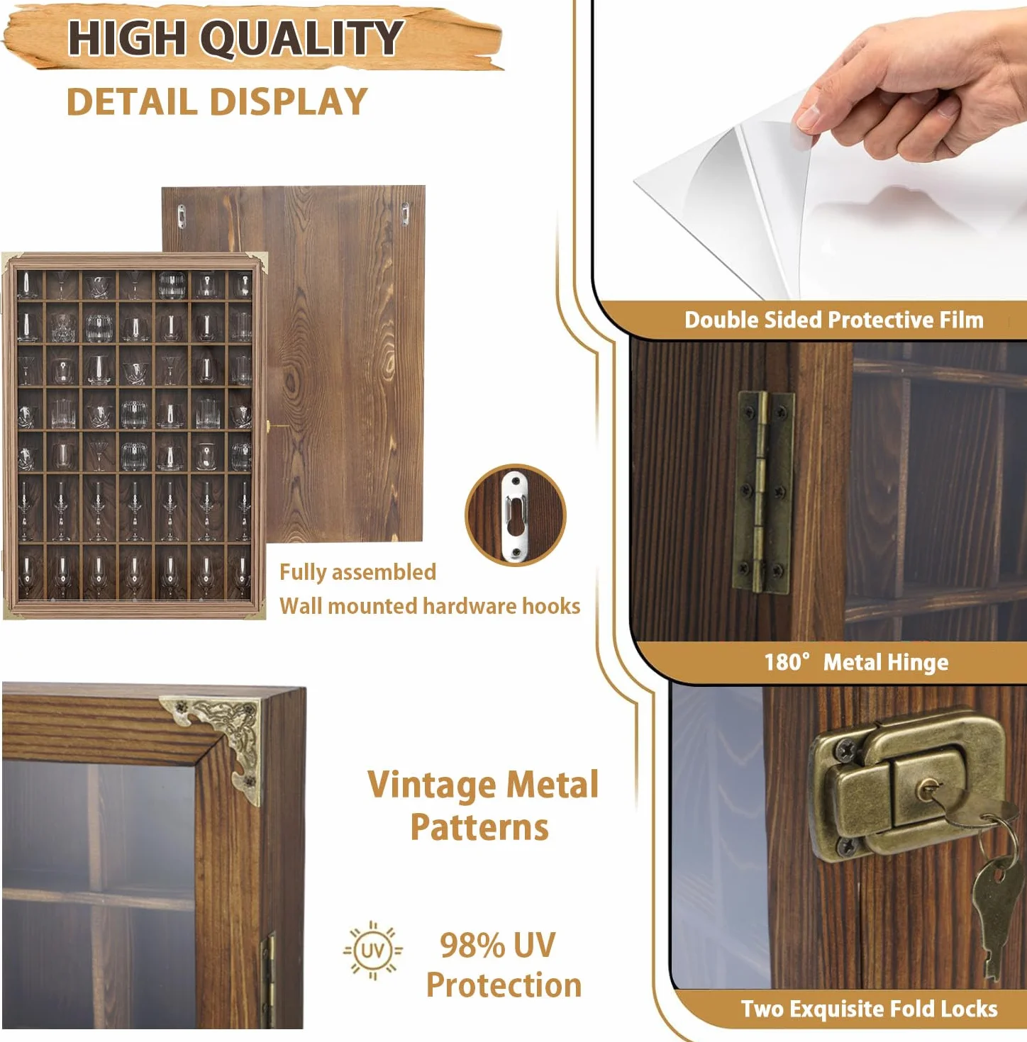 Vitrine pour 49 verres à shot avec étagère amovible - Boîte murale verrouillable avec protection UV - Porte en verre acrylique - Collection en bois