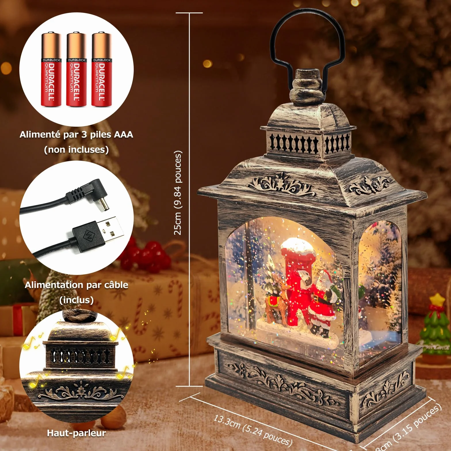 Lanterne Boule à Neige de Noël, illuminée et Musicale avec minuterie, Lanterne rotative du Père avec Projection, décoration de Scintillante, Cadeau (Père Noël + boîte aux Lettres)