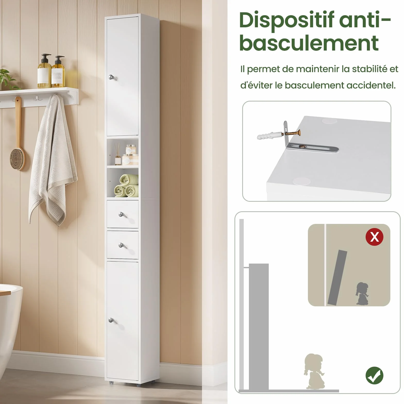 EUGAD Meuble Colonne de Salle de Bains, Armoire Rangement WC avec 2 Tiroirs, 2 Portes, Étagères Réglables et Compartiments Ouverts, Blanc, 20x20x180cm