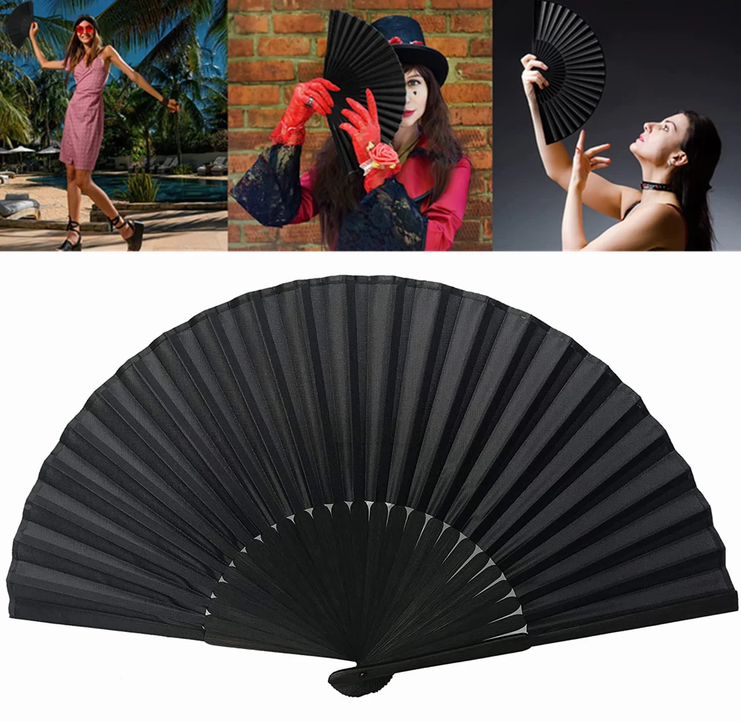 Éventail Japonais Chinois en Bambou Noir avec Sacs de Rangement, Pliable de Poche
