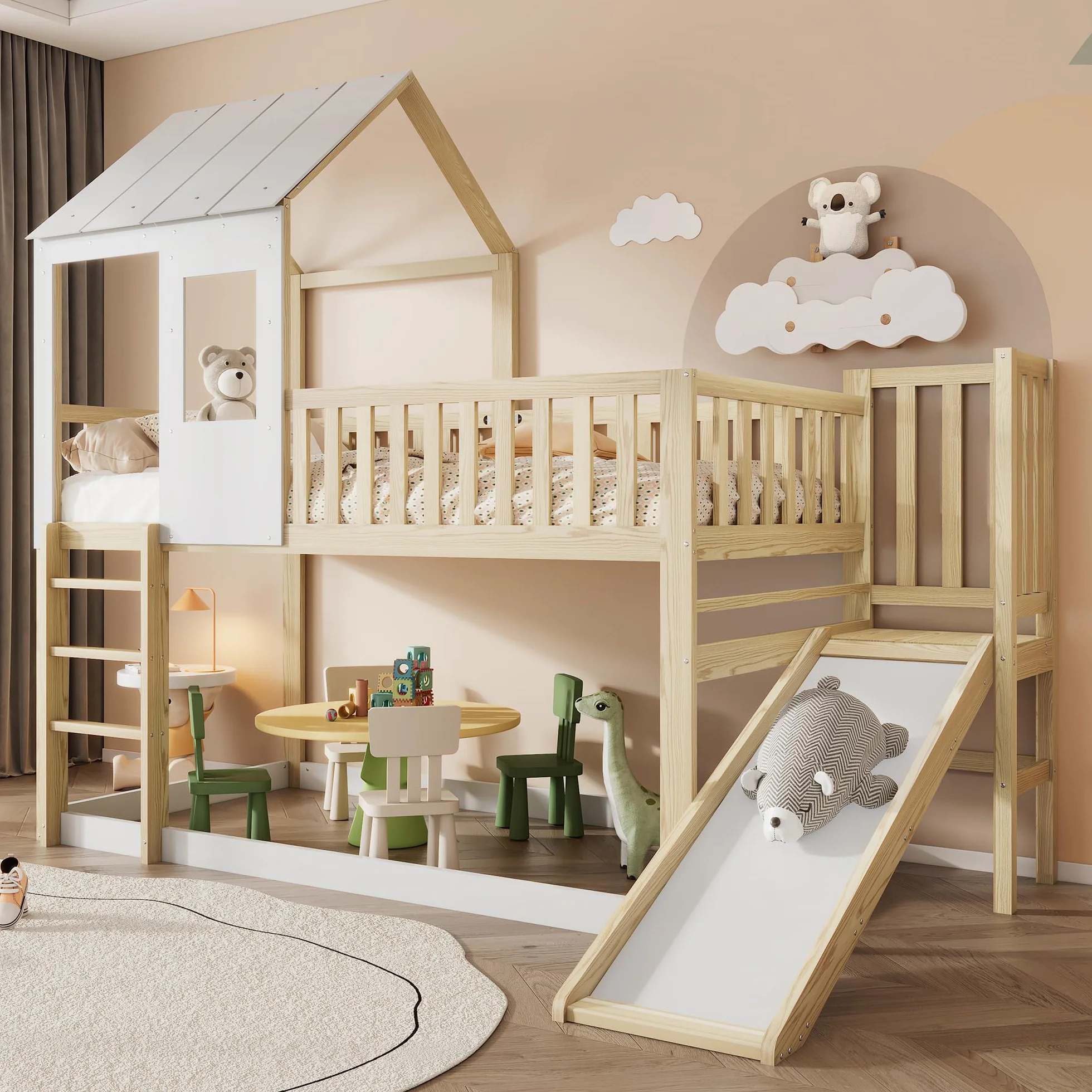Sapgaks Lit cabane Enfants 90 x 200,lit superposé Enfant antichute,lit Mezzanine 2 Places,avec échelle à Angle Droit et Toboggan, avec Toit et fenêtre,et Grille,Structure en pin,Naturel Blanc