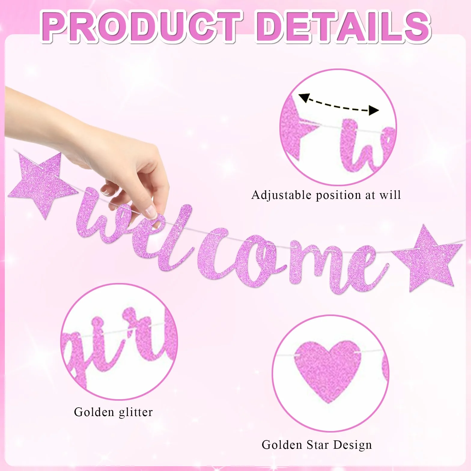 Kit Décoration Baby Shower Fille Bannière Rose Pailletée Spirales Suspendues Accueil Nouveau-né