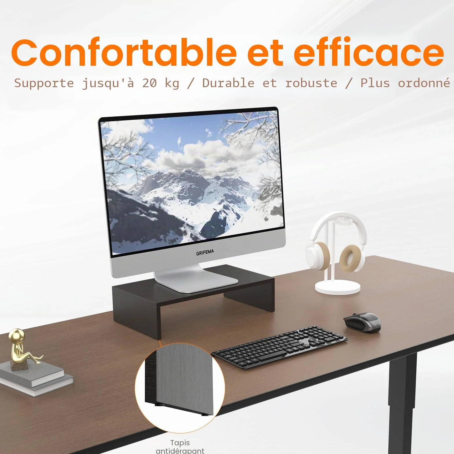 GRIFEMA Rehausseur Écran PC Bureau en Bois, Support Moniteur Ergonomique avec Gestion des Câbles, Noir