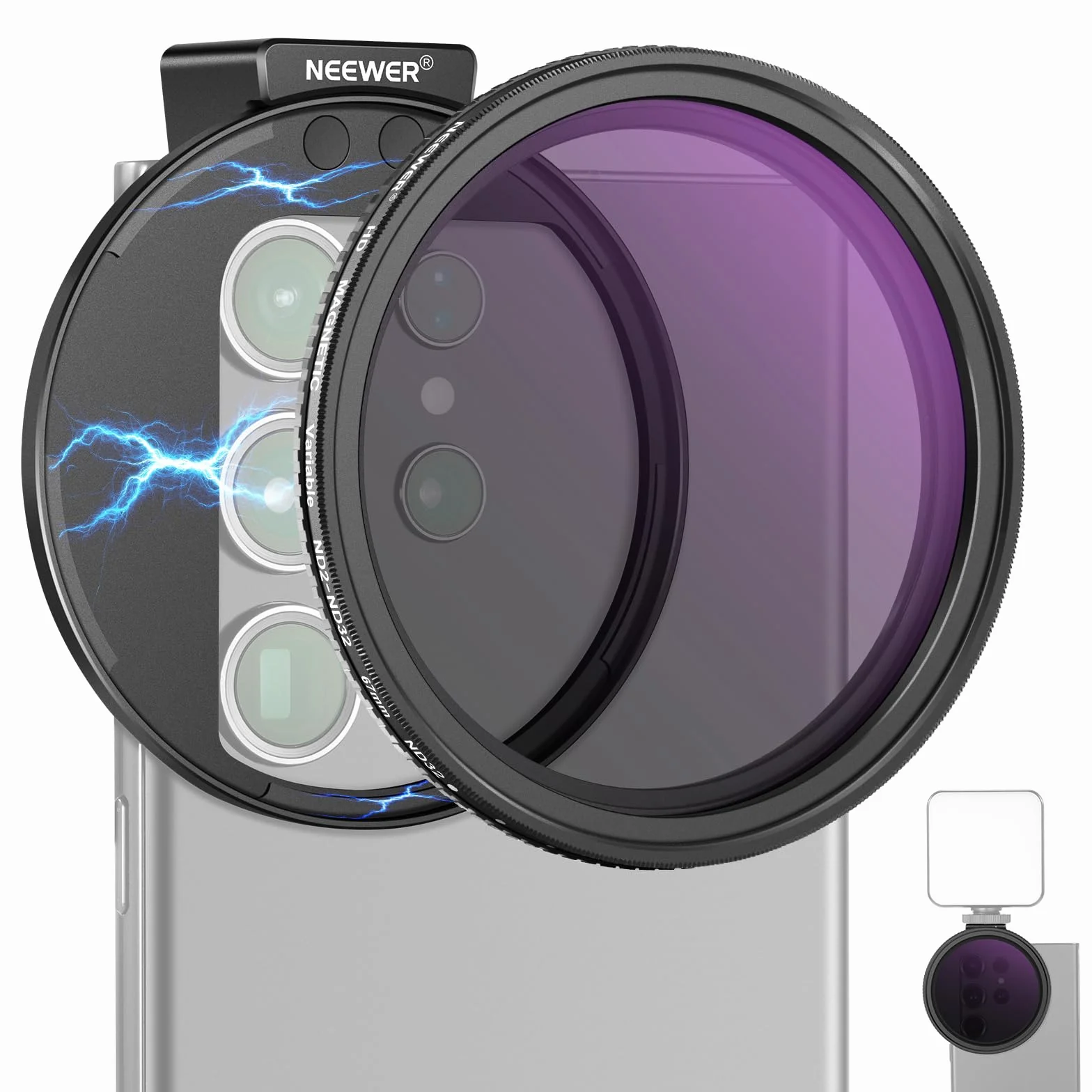NEEWER 67 mm Clip On Variable ND2-ND32 zestaw filtrów obiektywu telefonu, klips do telefonu z magnetycznym adapterem pierścień/zimna stopka/pokrętło blokujące, magnetyczny filtr ND HD do iPhone 15 Pro