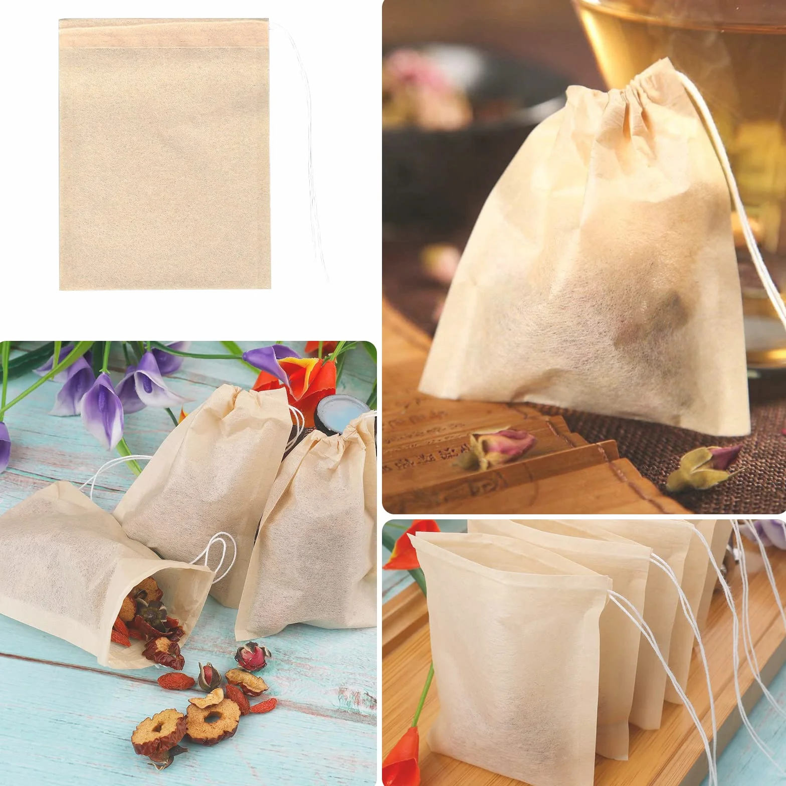 Lot de 200 sachets à thé jetables avec cordon de serrage 6 x 8 cm