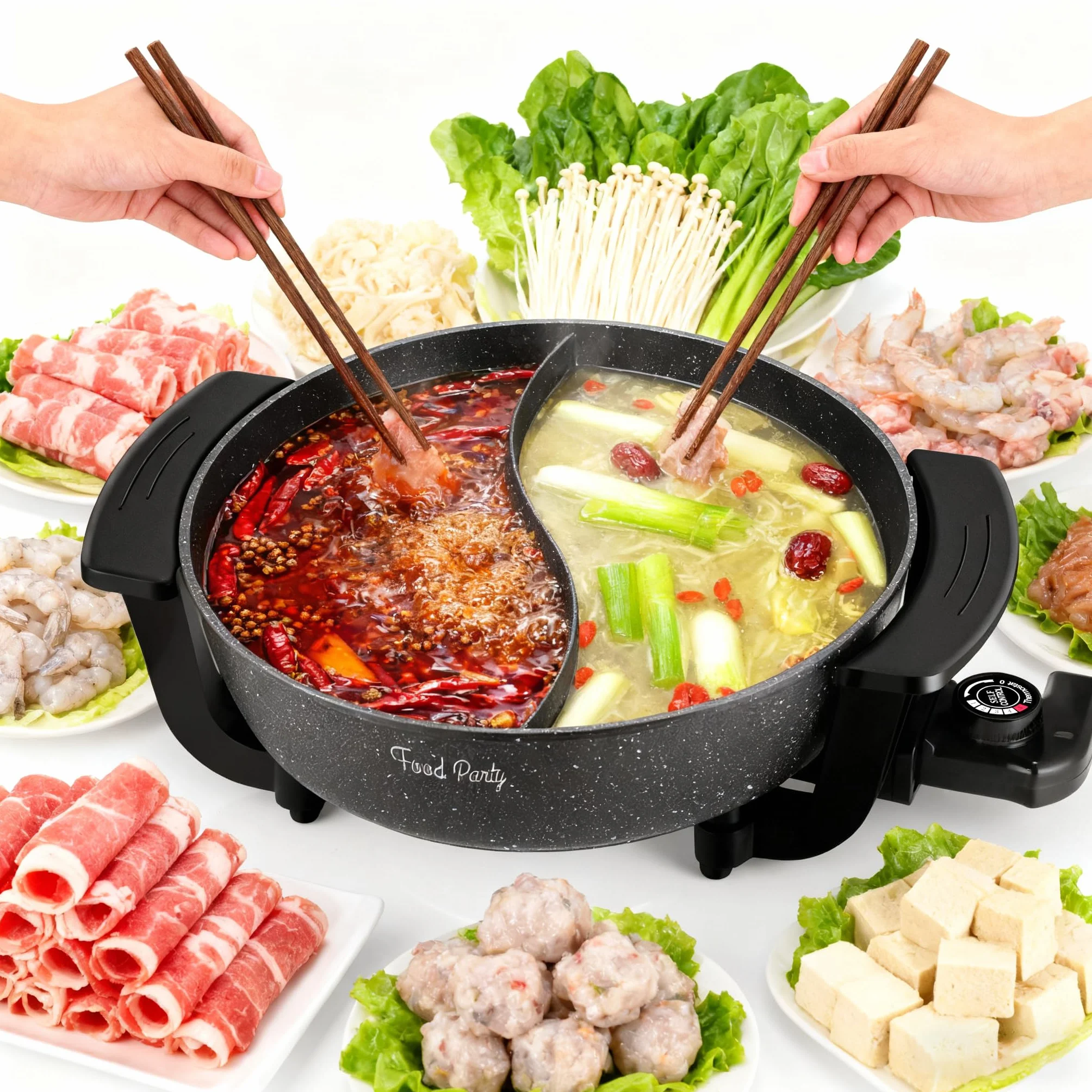 Food Party Appareil Fondue Chinoise Hot Pot Electrique 6L 220V 1200W Shabu SHabu Hotpot avec Diviseur Wok electrique