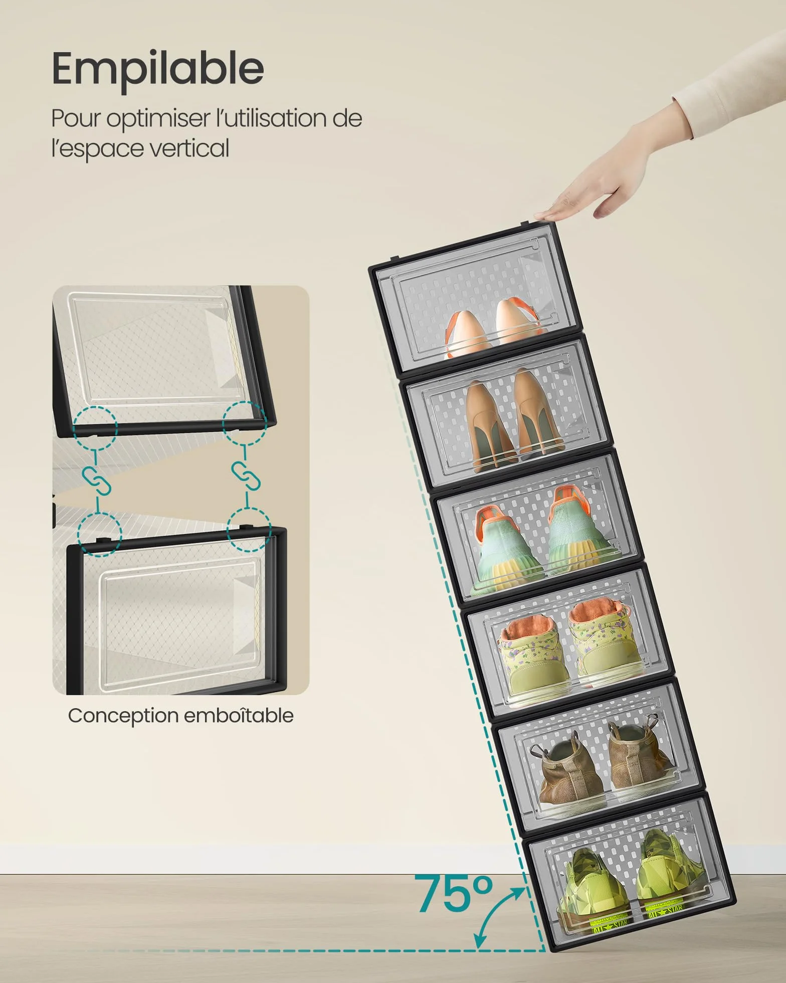 SONGMICS Boîtes à Chaussures Plastique Pliables Empilables Lot de 18 Transparent Noir LSP066B18