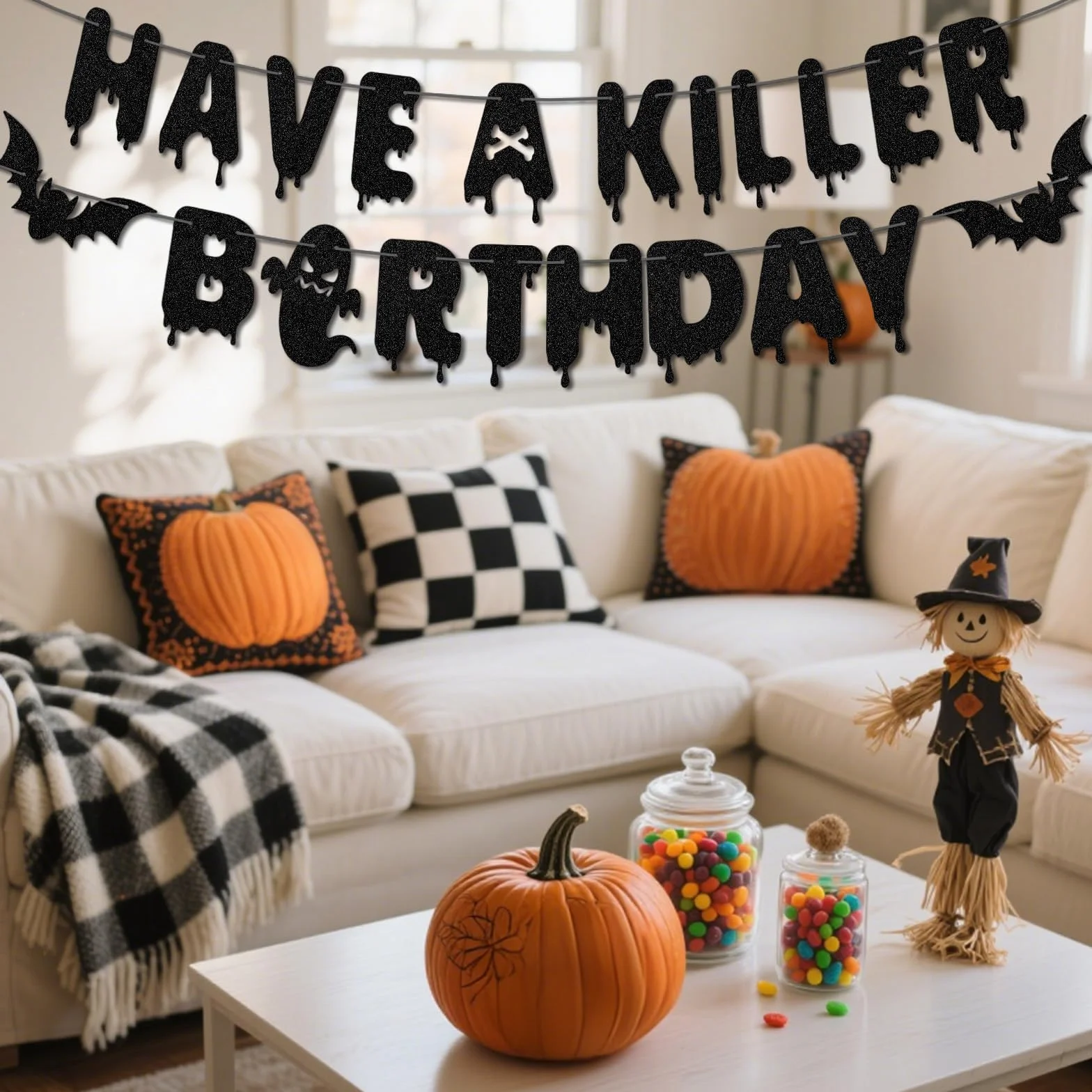 Banderole d'Anniversaire Have a Killer Pré-Montée Motif Chauve-Souris Décoration Halloween Guirlande Suspendue (Noir)
