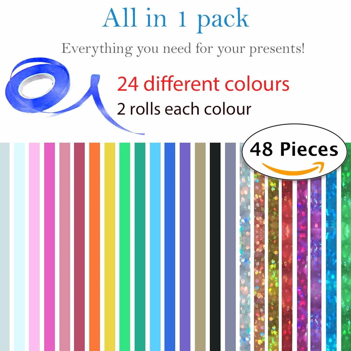 Ruban Bolduc Pailleté à Boucles pour Emballage Cadeaux (48 pcs., 10 m, 5 mm)