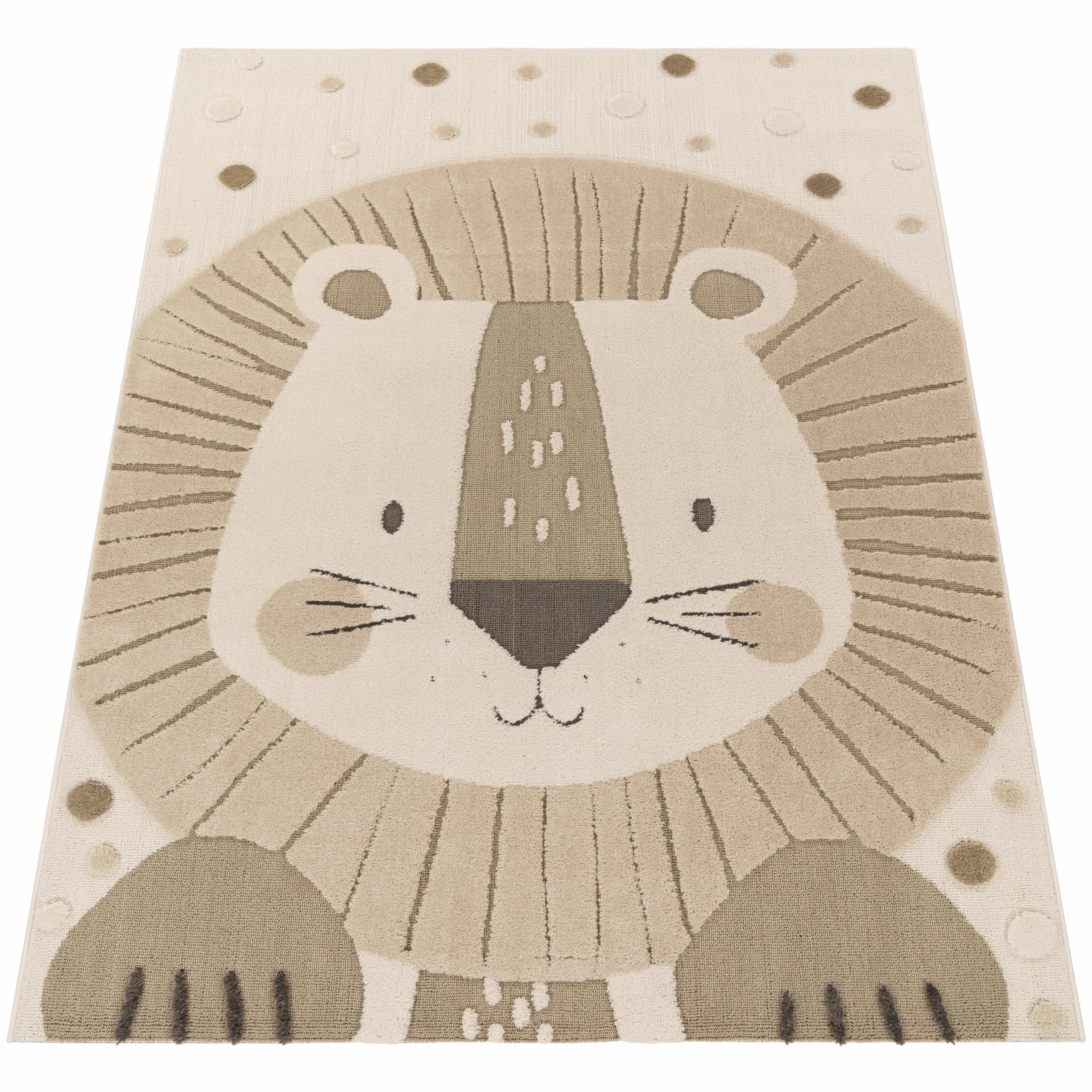 Tapis Chambre Enfant Effet Haut-Bas Motif Lion Couleurs Naturelles Soft-Touch Beige Crème Charbon 80x150 cm