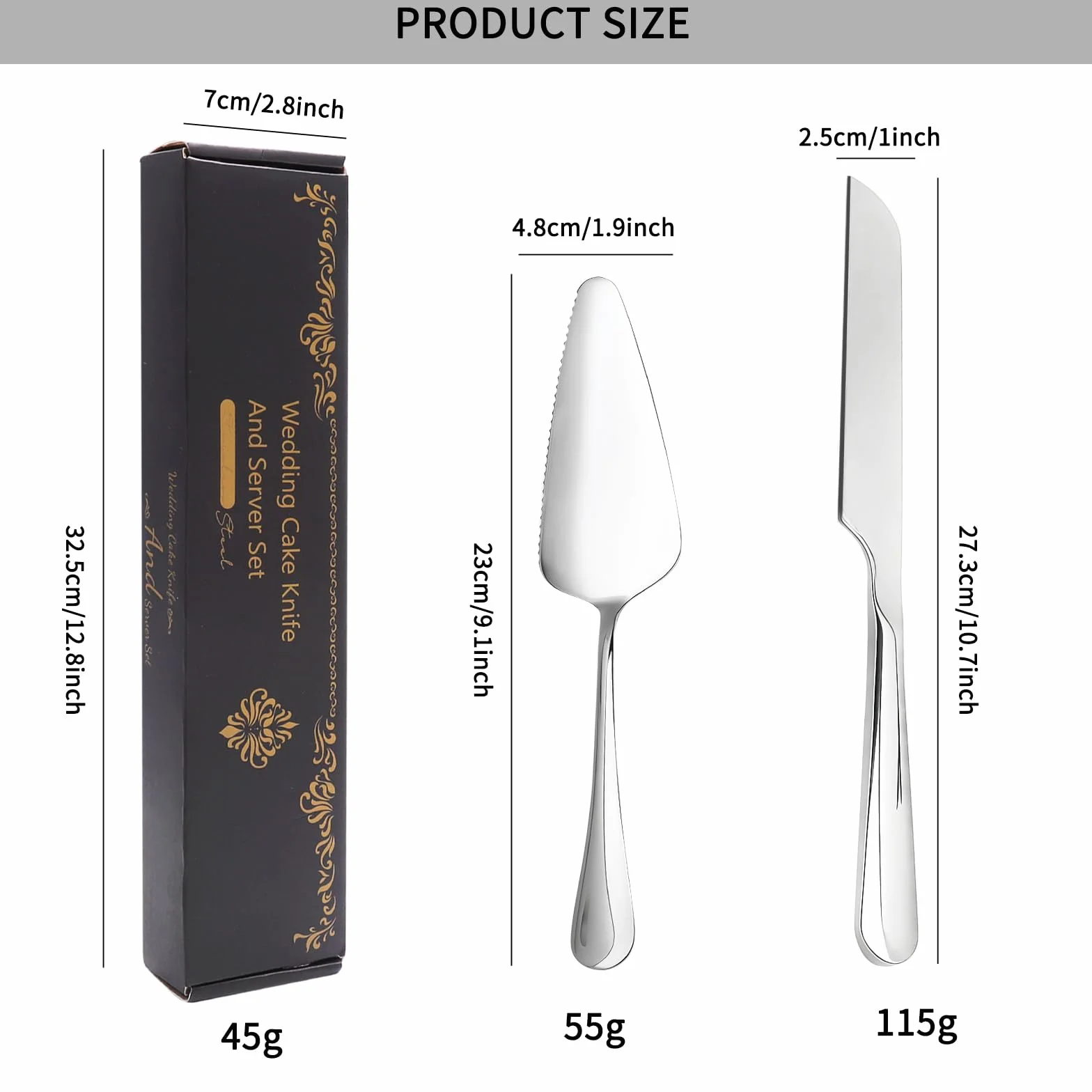 VOSSOT Set de Tamis à Gâteau en Acier Inoxydable - Couteau 27CM + Spatule Long Manche - Argent