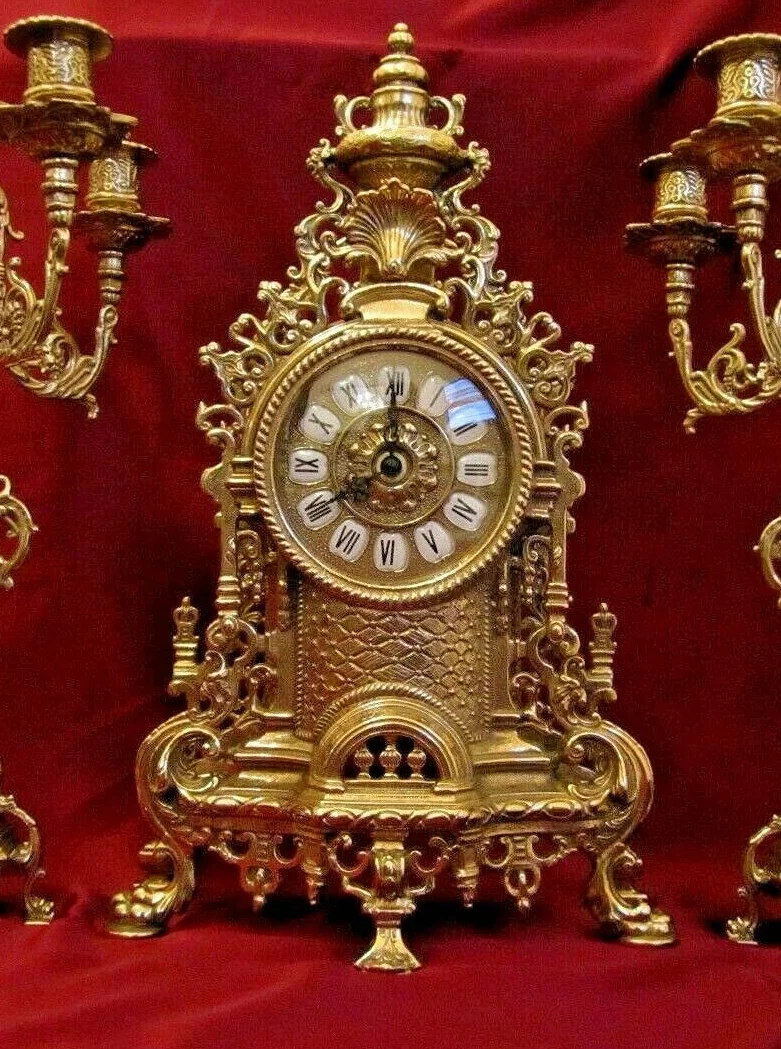 Horloge de cheminée en laiton massif style français baroque 42 cm 82103