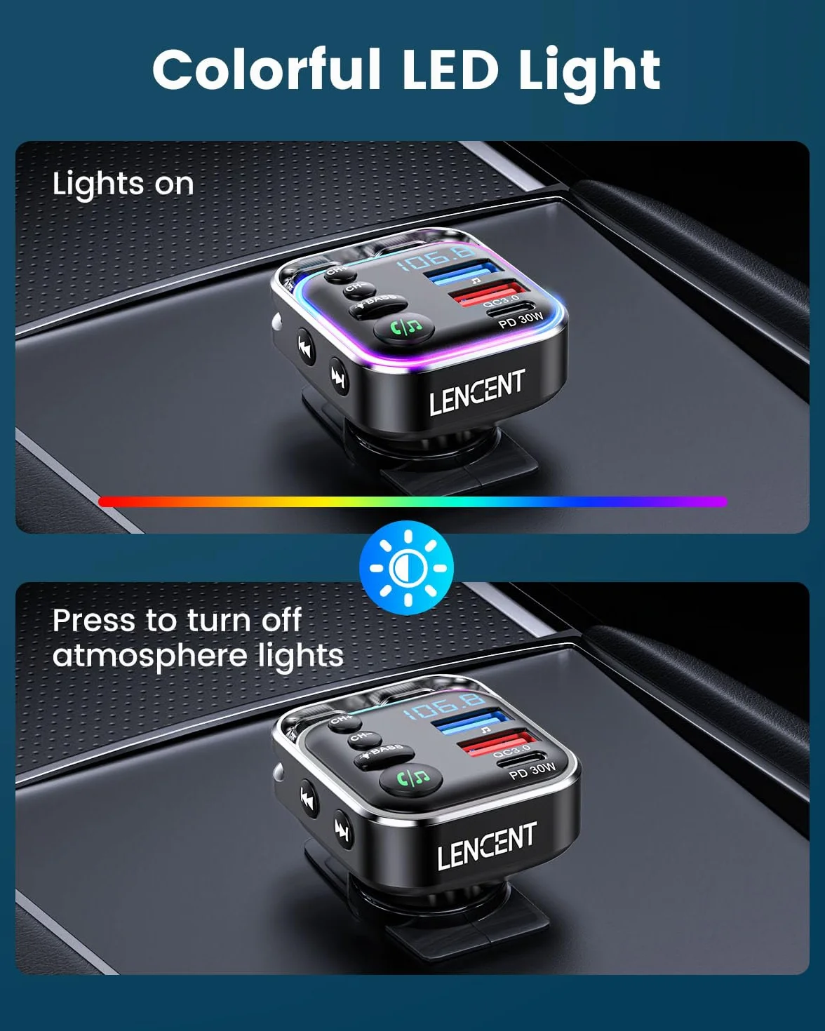 Lencent Bluetooth 5.3 nadajnik FM 48 W (PD30W i QC18W) szybka ładowarka, włącznik światła, dźwięk Hi-Fi bas, odtwarzacz muzyki, obsługa