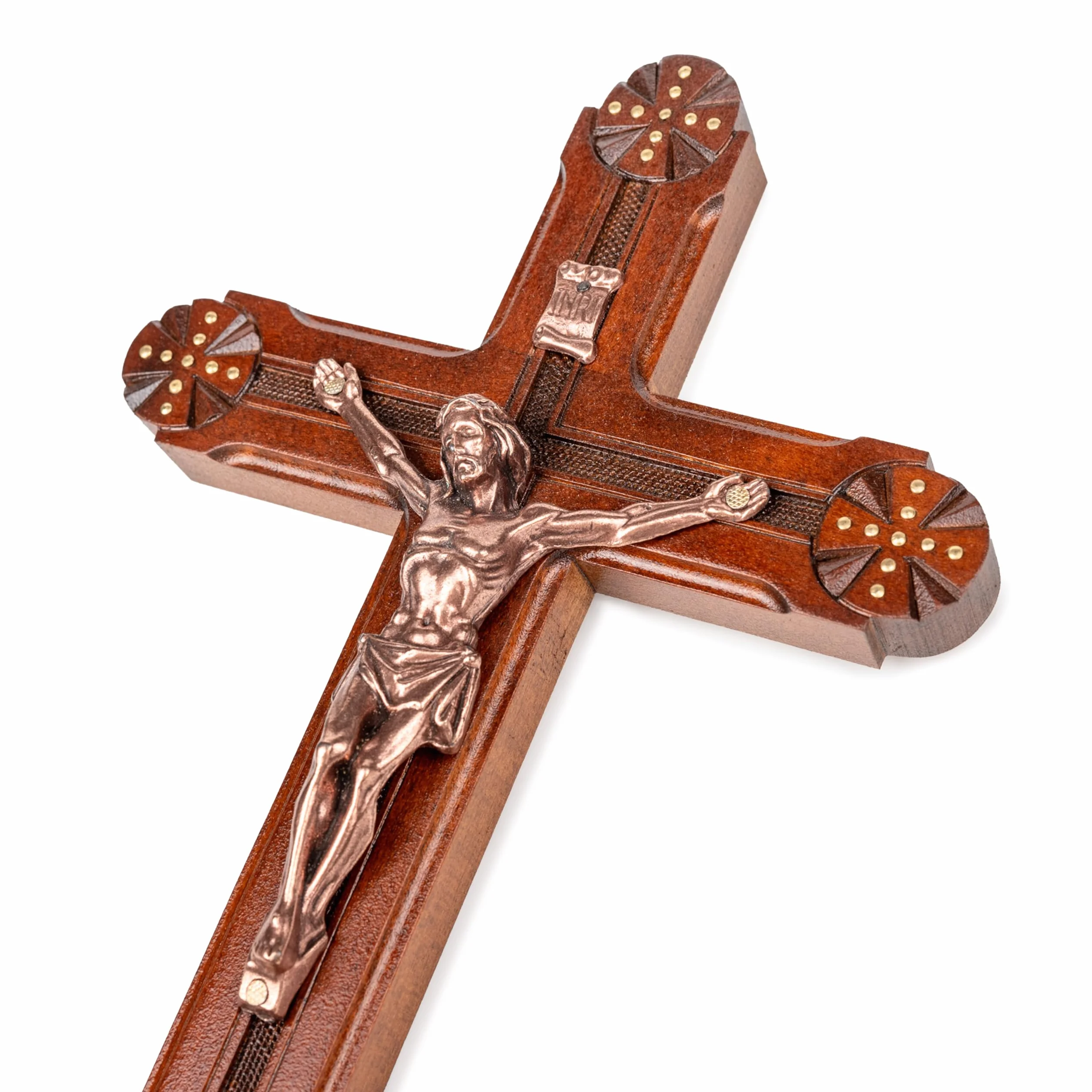 Woodvio - Croix murale en bois faite à la main, finition sculptée à la main, crucifix catholique