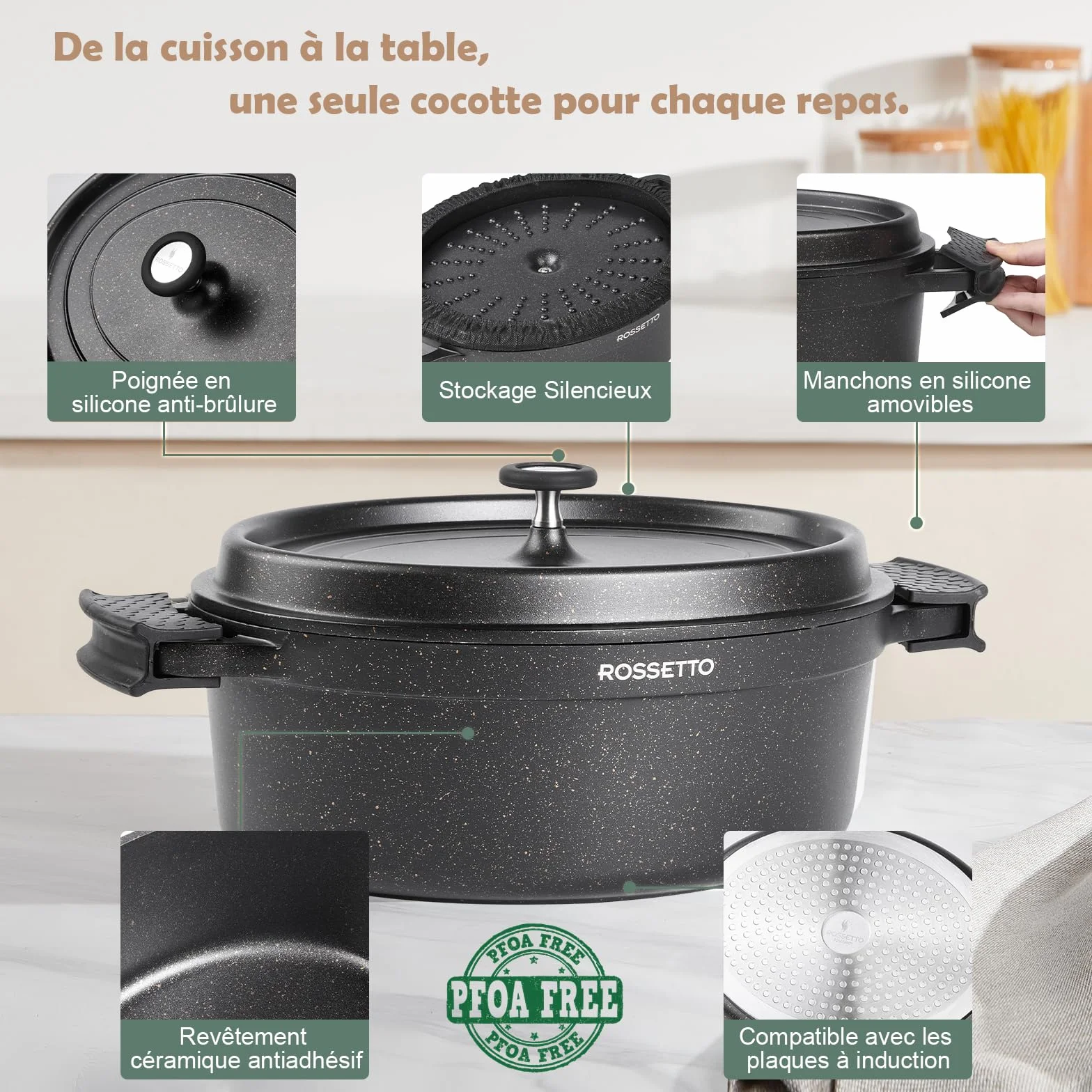 ROSSETTO 10,6L Cocotte ovale en fonte d’aluminium, revêtement antiadhérent en céramique. Couvercle avec picots saveurs. Compatible tous feux dont induction et au four jusqu’à 230℃, 38CM, Noir