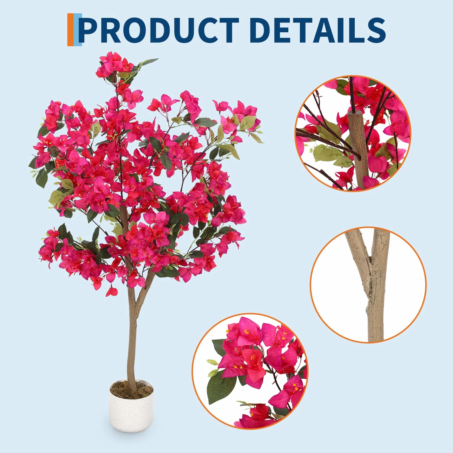 GarveeHome Bougainvillier Artificiel 100 cm/120 cm/150 cm avec Tronc Naturel - Fleurs triplées Roses, Plante Artificielle réaliste en Pot pour Jardin, Balcon et Appartement
