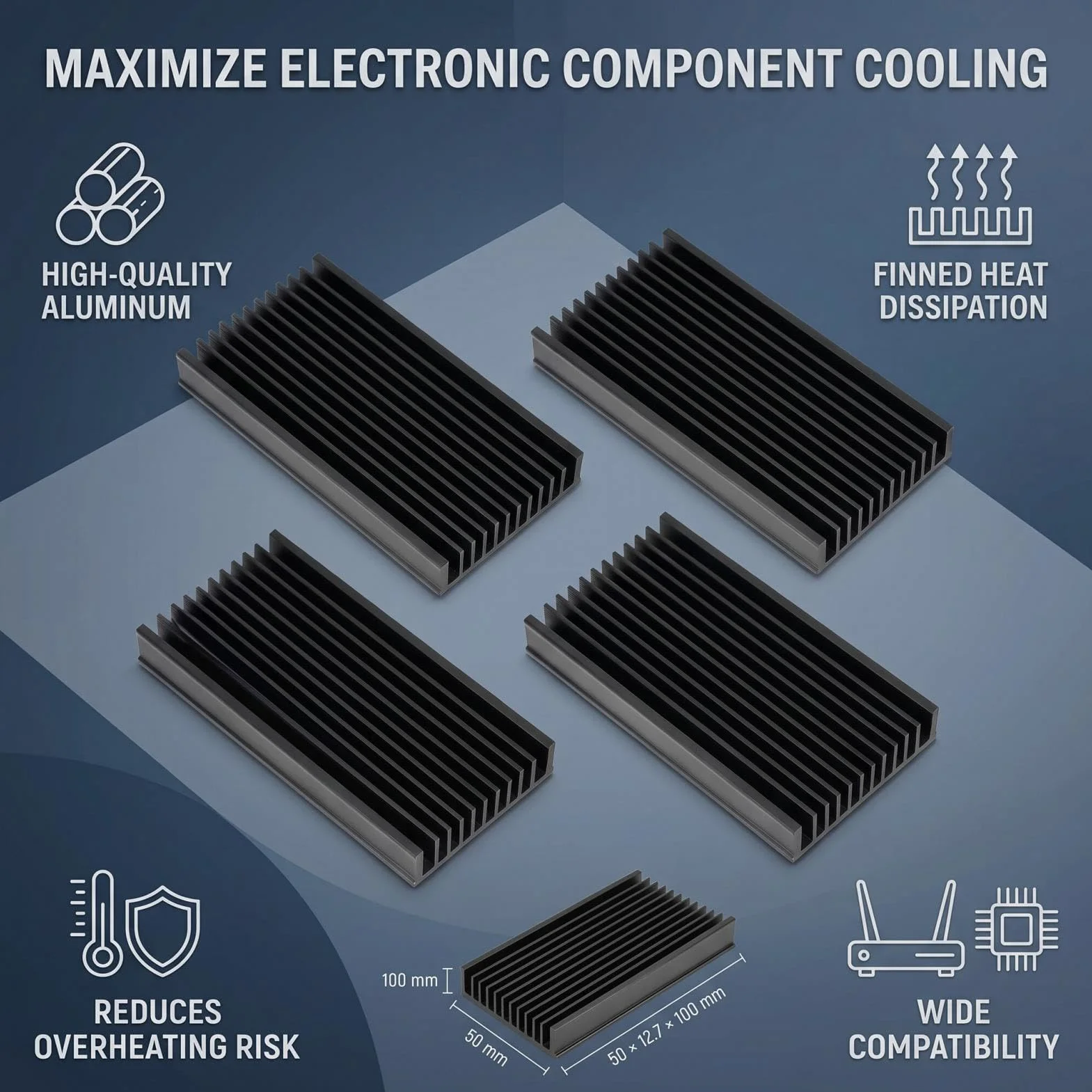 Fafeicy 4PCS Czarny Aluminiowy Chłodnica Radiatora 50x12.7x100 Mm dla Płytki Obwodu Chipów Cpu Routeter Wzmacniacz Moduł Zasilający Chłodzenie Płyty Głównej Płyta Główna