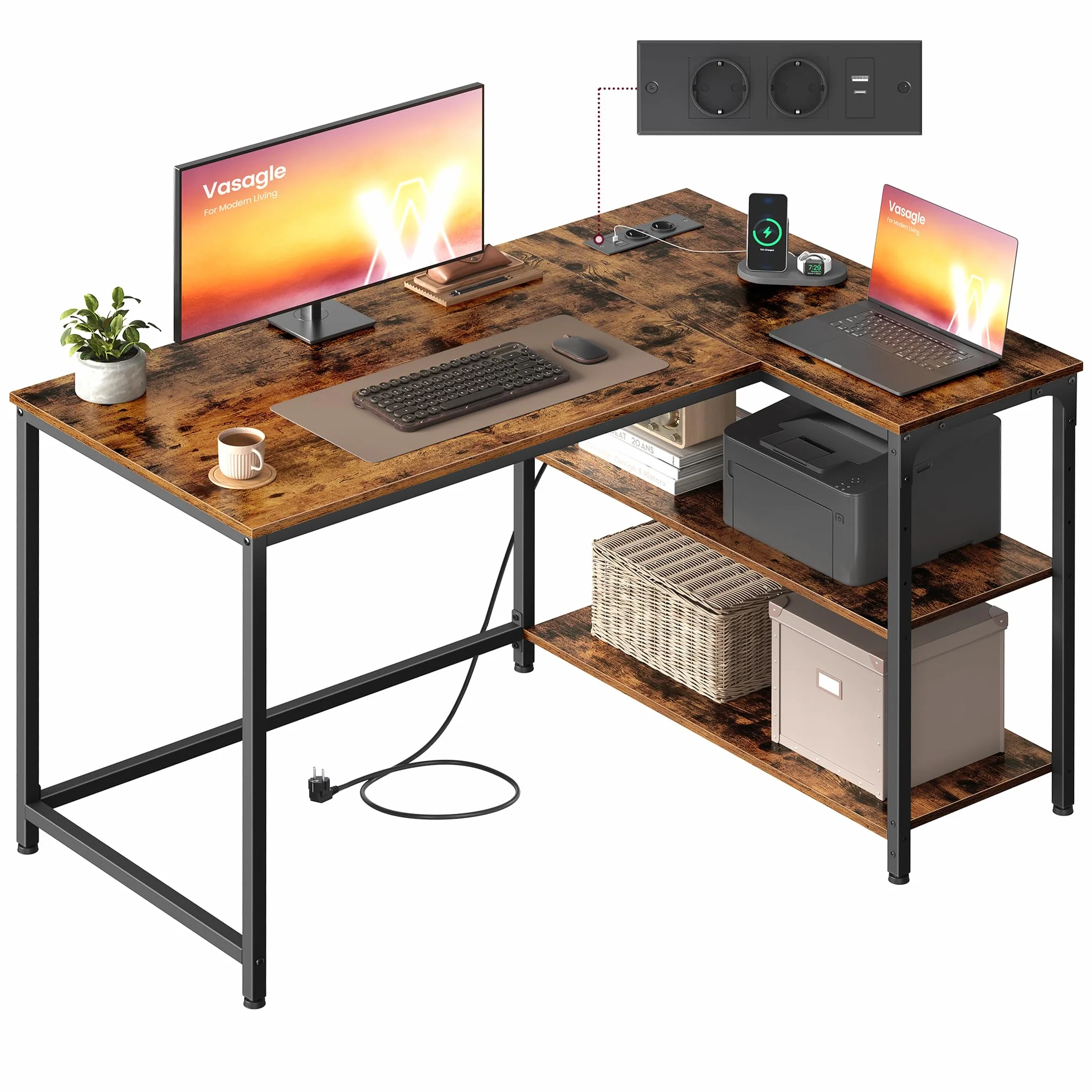 VASAGLE Bureau Gaming en L avec Rangement, Prises et Ports USB, 110 x 80 cm, Marron Rustique