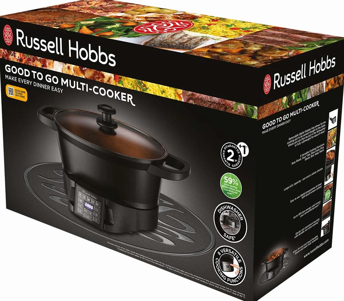 Russell Hobbs Mijoteur Electrique [8 en 1 Polyvalent] Good to Go (Rôtir, Cuisson lente, à vapeur, sous vide, ébullition, mijoter, cuiseur de riz, 6,5L, Economie d'énergie, Commande amovible) 28270-56