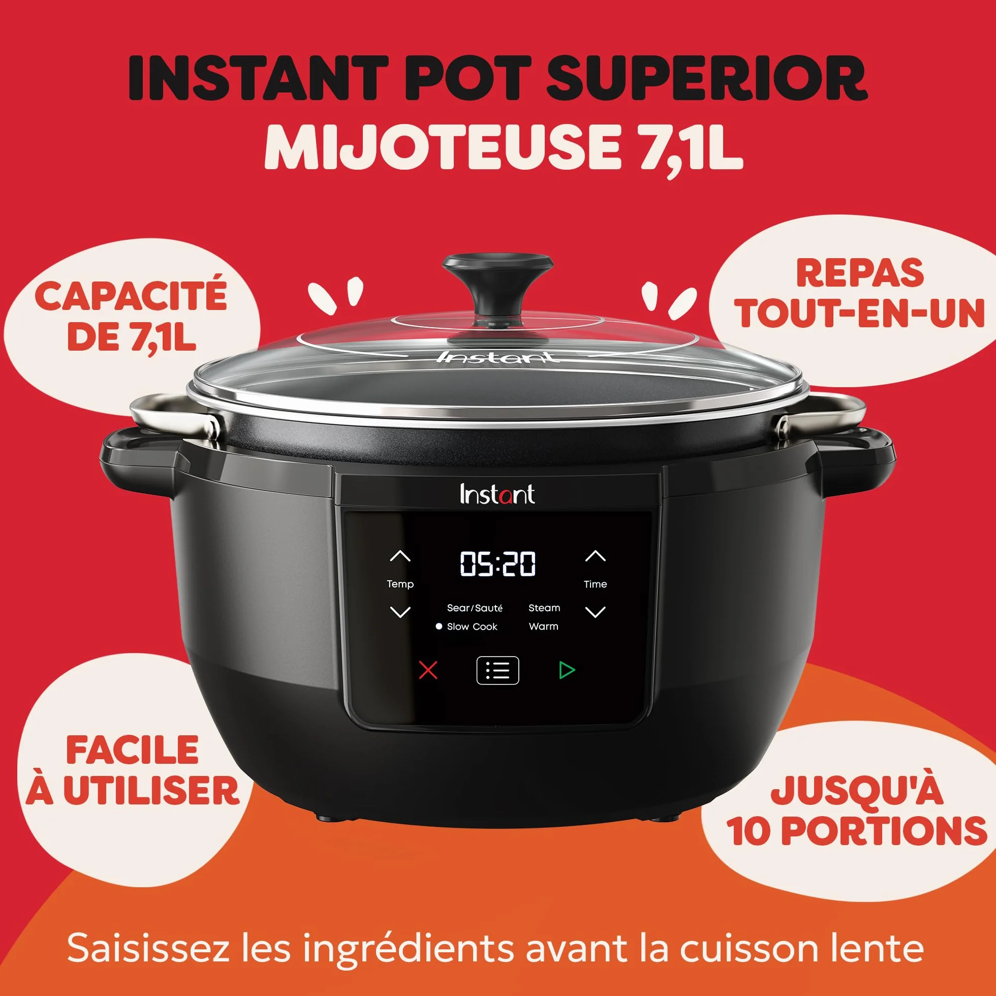 Instant Pot - Mijoteuse supérieure, Système de cuisson multifonction 7,1L avec réglages de cuisson lente, sauté, vapeur et maintien au chaud, antiadhésive, pour les repas en famille et les réceptions