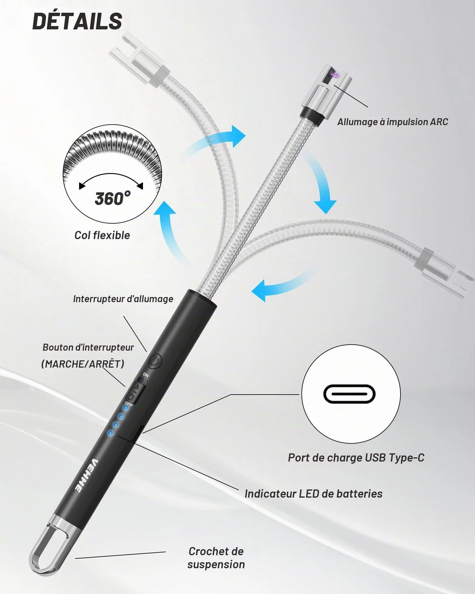 USB Rechargeable Arc Briquet Allume Bougie Electrique avec Affichage Batterie LED Long Flexible 360º Coupe-Vent