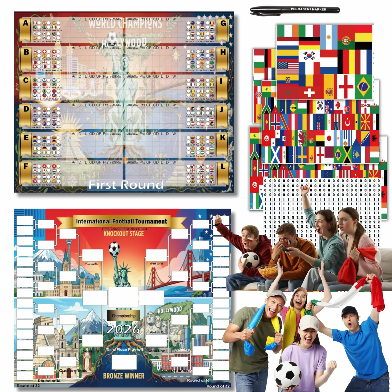 Plakat Mural Schedule Interactif Coupe du Monde 2026 - Stickers pour Prédire et Suivre 104 Matchs