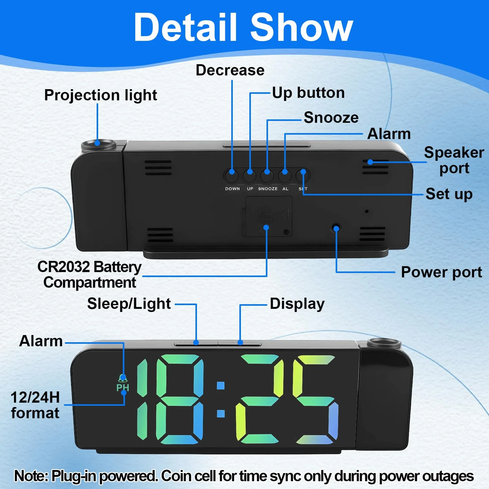 Projecteur Plafond Réveil 180° AVCE Thermomètre 7.7" Horloge Digitale LED 3 Luminosités Réglable Snooze Noir