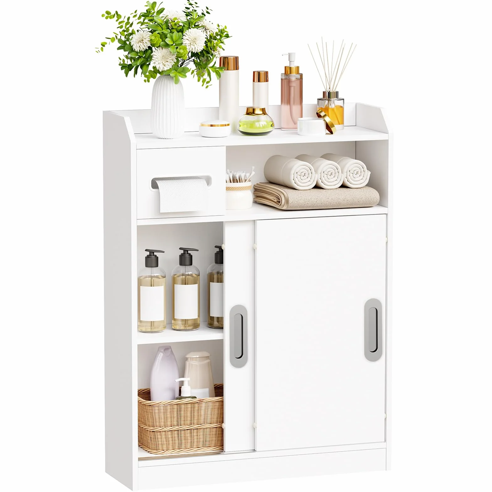 BEWISHOME Meuble de Salle de Bain avec Porte Coulissante et Poignées Intégrées,Meuble Toilette Gain de Place,Étagère Réglable et Support Papier Toilette,20x60x80cm,Blanc EYYG16W