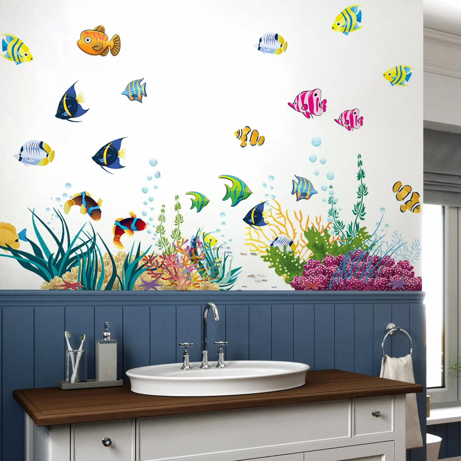 Autocollant mural enfants océan MONDE SOUSMARIN 130x42 cm Déco murale salle de bain imperméable