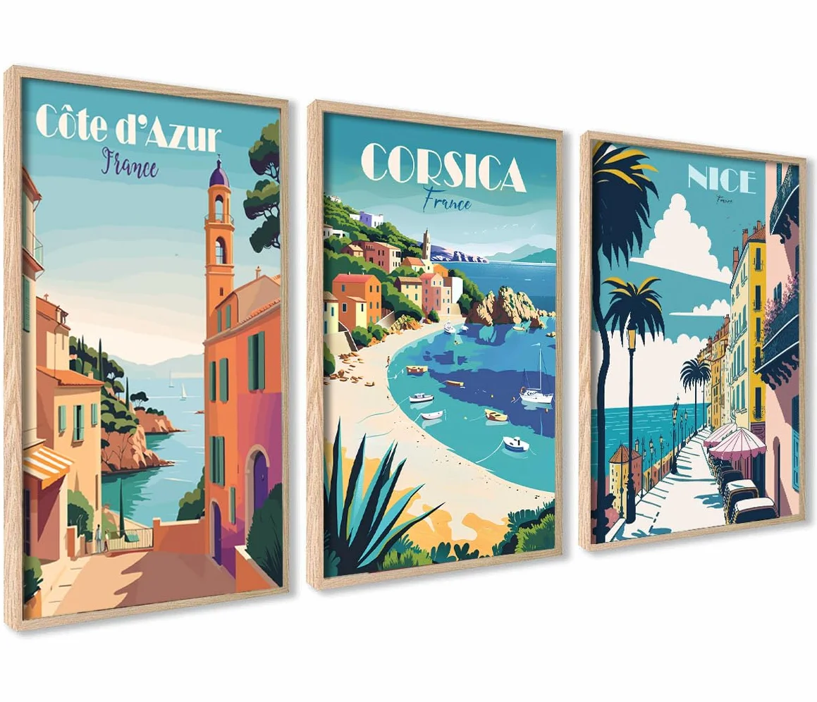 Affiche Decoration Murale 30x40 cm Lot de 3 Tableaux Côte d'Azur