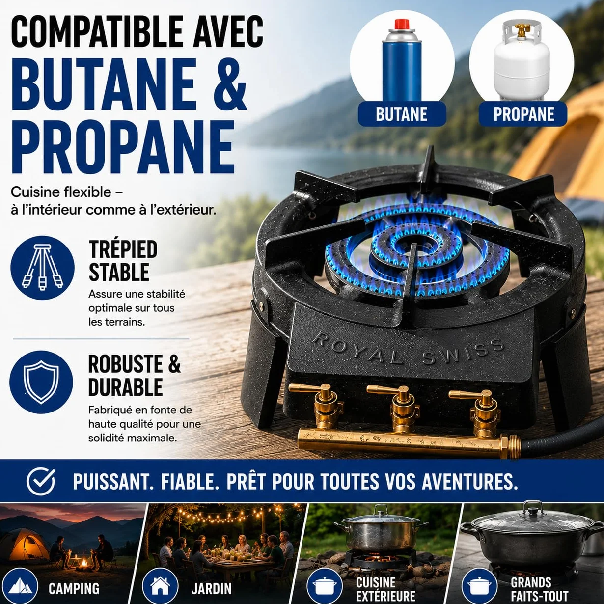 Royal Swiss Réchaud à Gaz 3 Robinets en Fonte, Trépied Gaz pour Paella et Grandes Marmites, Brûleur Butane Propane, Gazinière Extérieure avec 4 Pieds, Noir
