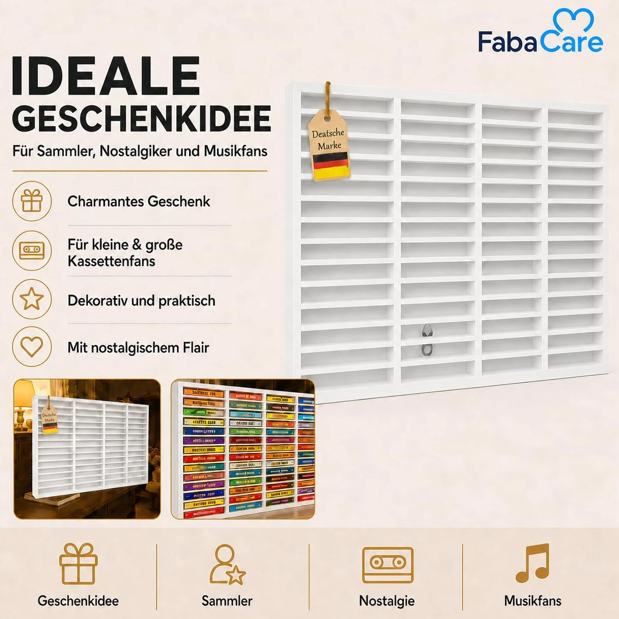 eCom Fabarius Étagère pour 60 cassettes audio, étagère média en bois de pin entièrement montée