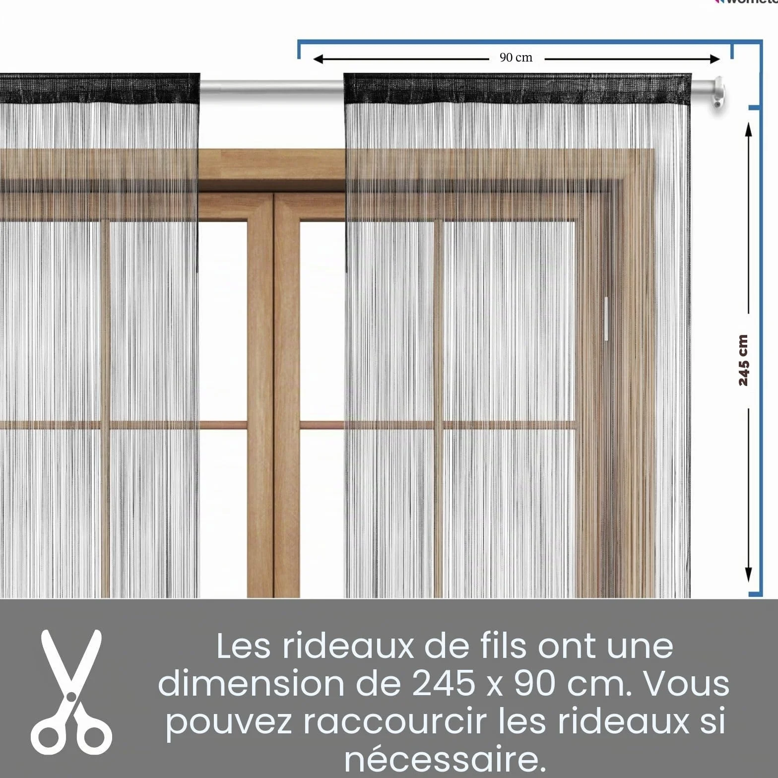 Rideau à Fils 90x245 cm Noir oekoTex Raccourcissable Lavable