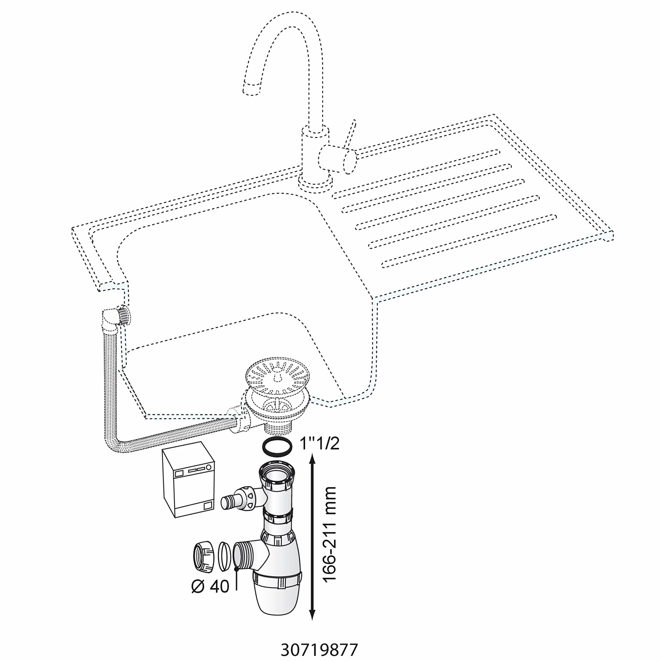 Wirquin SP3223 Siphon d'évier classique ⌀40 mm réglable avec prise machine à laver, blanc