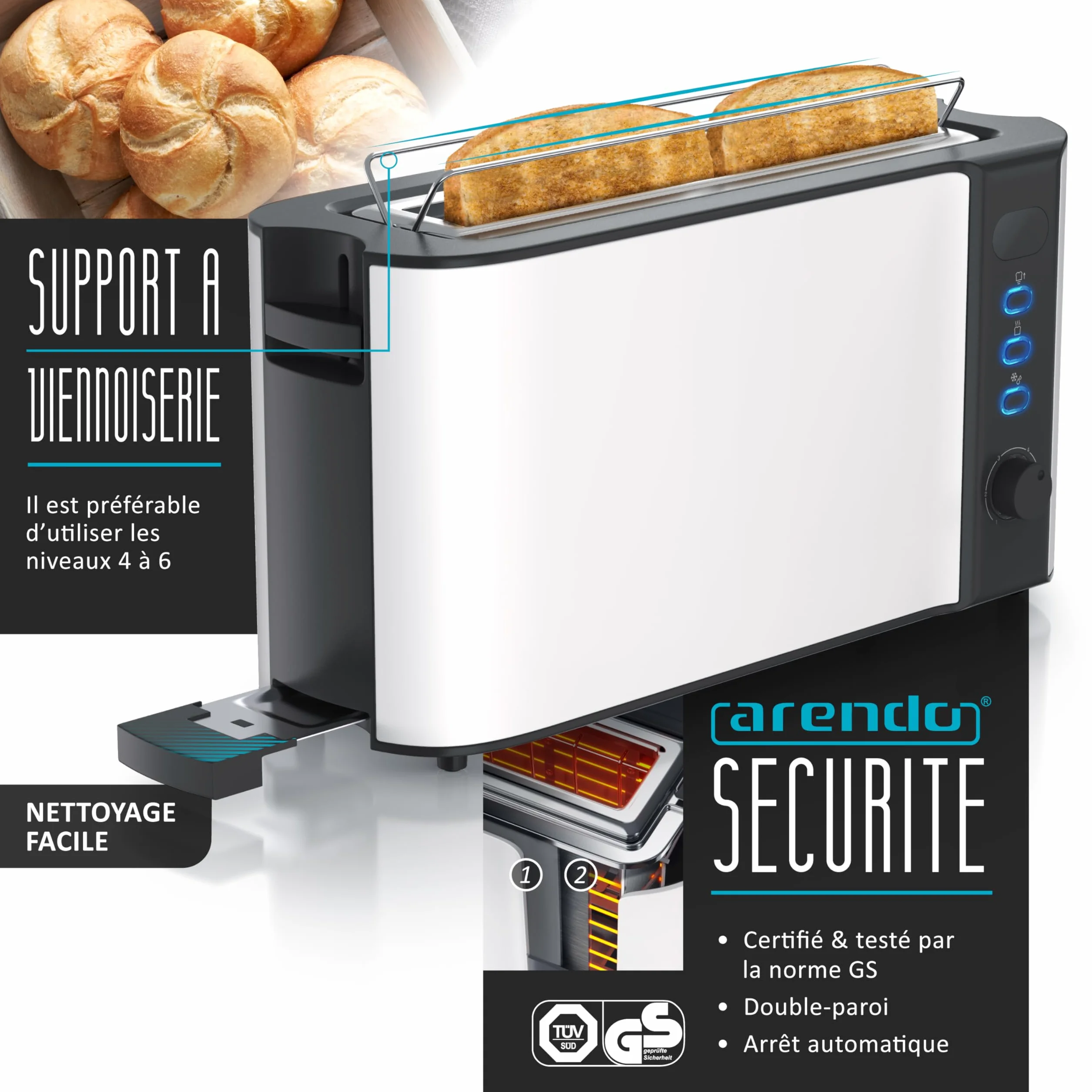 Arendo Ensembles Bouilloire et grille-pain et cuiseur à oeufs Bouilloire en inox 1,5L 40°-100°C, Toaster 2 Tranches Ecran LED 6 niveaux de brunissage Cuiseur à oeufs 1-6 oeufs, Verre doseur, Blanc