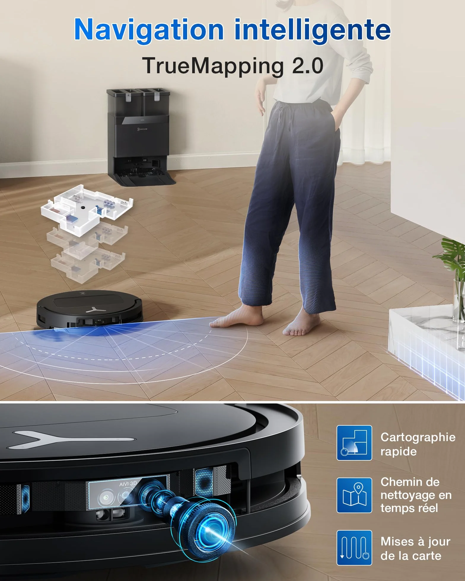 ECOVACS T50 Omni GEN2 Aspirateur Robot Station 21000Pa ZeroTangle 2.0 AIVI 3D 2.0 Lavage Eau Chaude 75℃ Ultra-Mince 81mm Noir