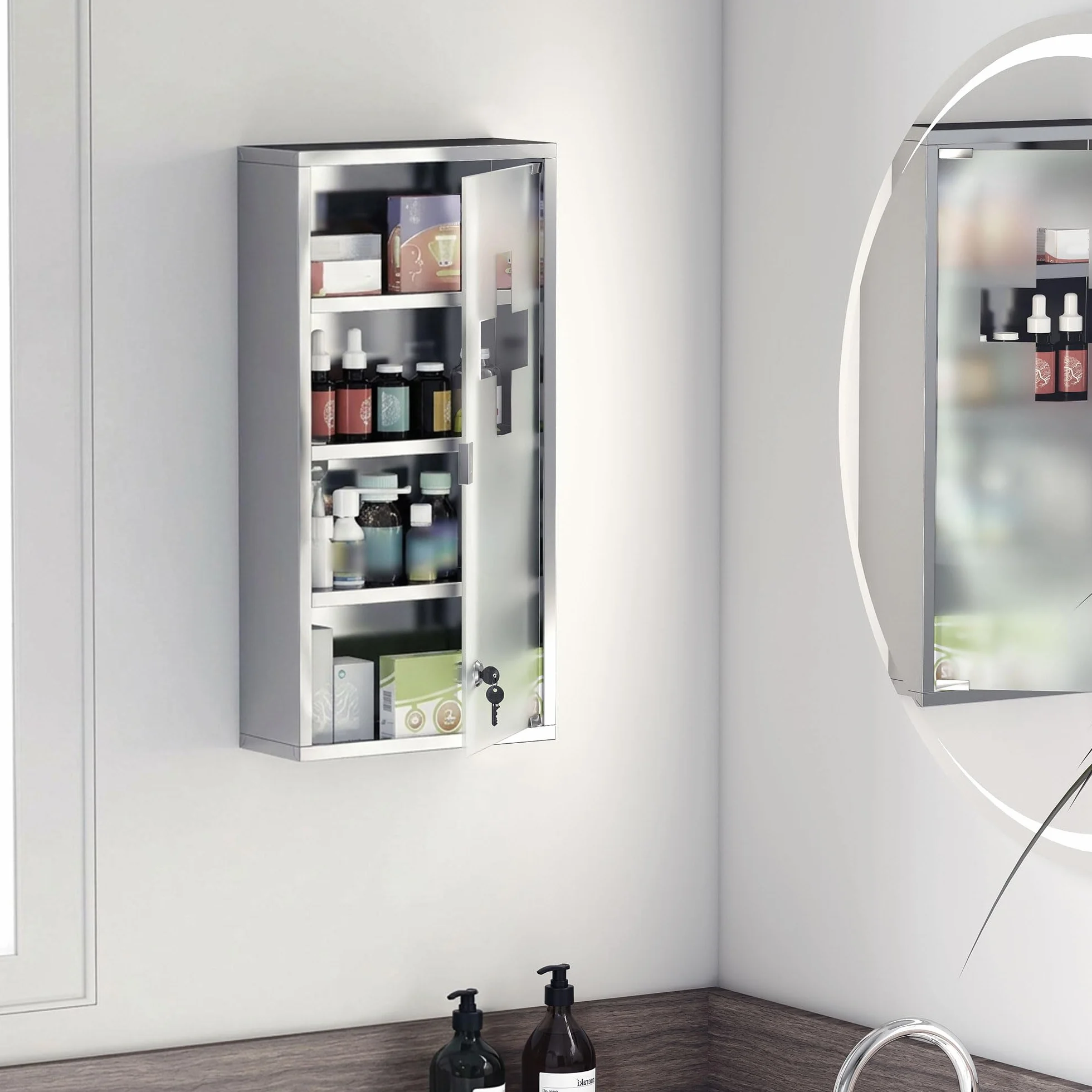 HOMCOM Armoire à Pharmacie 3 étagères 4 Niveaux 30L x 12l x 60H cm Porte Verre trempé Symbole Croix Acier Inoxydable brossé