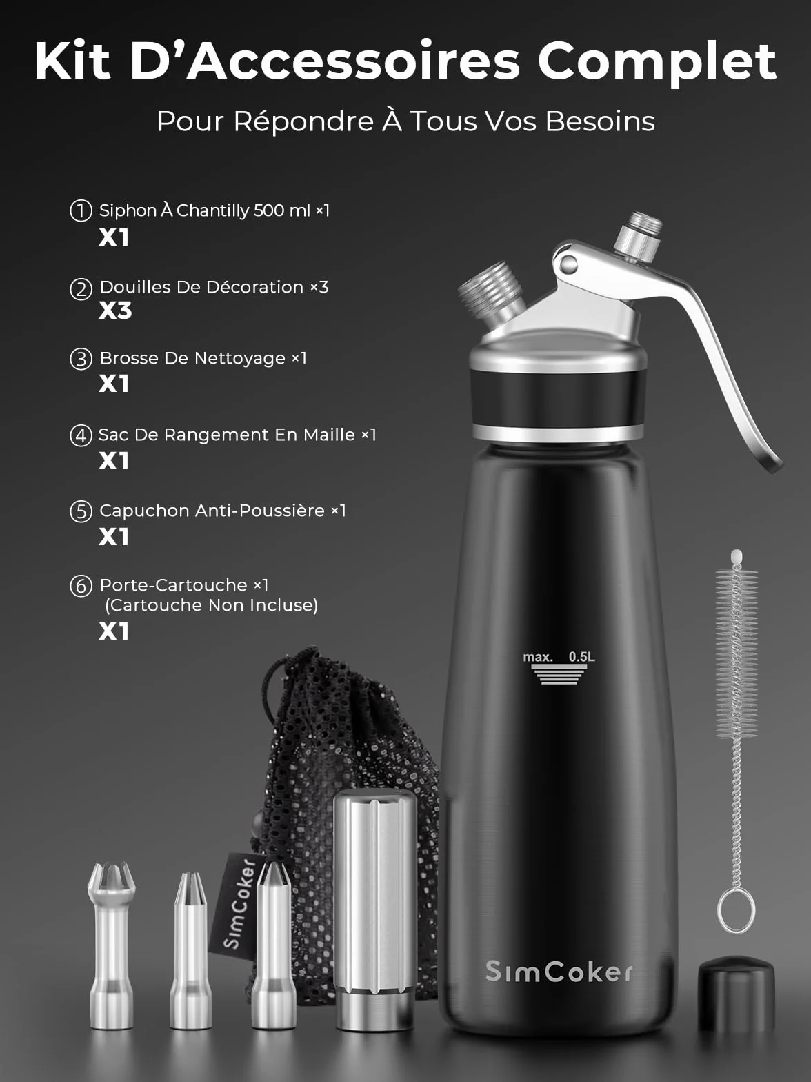 Professionnel Distributeur Crème Fouettée Aluminium 500 ml Siphon Anti-Fuite 3 Embouts Décoration Qualité Alimentaire