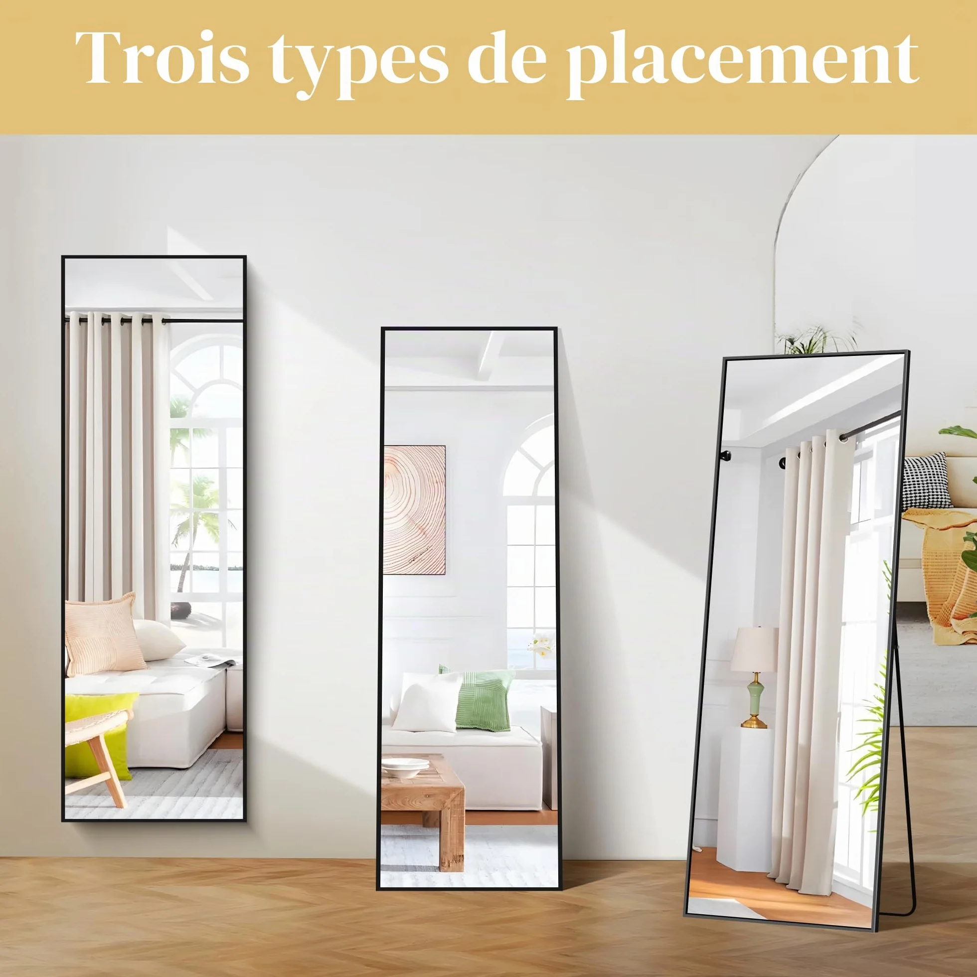 BONEWEI Miroir Pleine Longueur 161 x 52 cm Cadre Aluminium Noir Grand Miroir Mural Rectangulaire Penché Suspendu