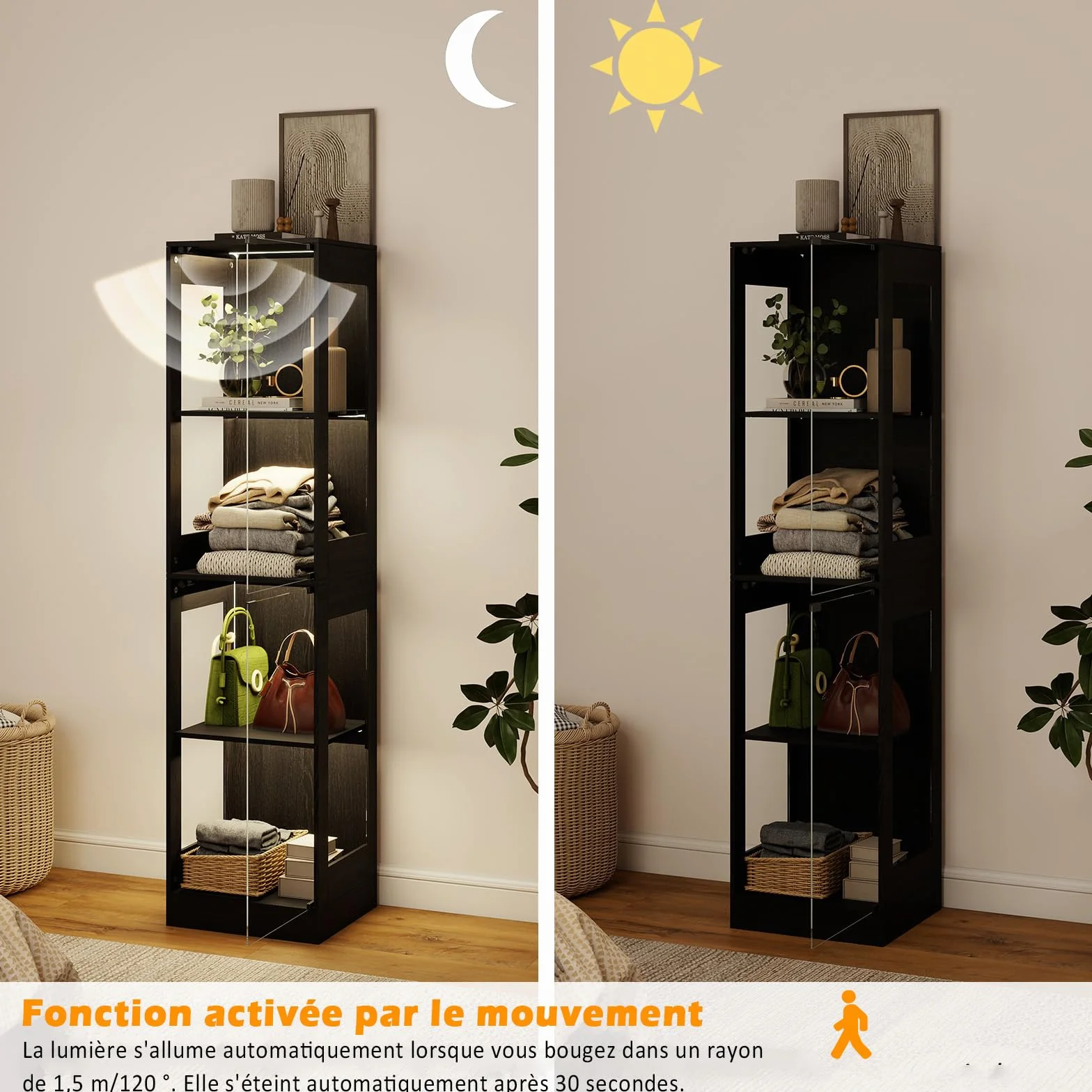 YU YUSING Vitrine Colonne en Verre avec Lumière Intelligente LED pour Collection, Armoire de Vitrine Moderne avec 4 Étagères, Mangathèque, Bibliothèque, Rangement Chambre Salon, 40 × 35 × 165 cm, Noir