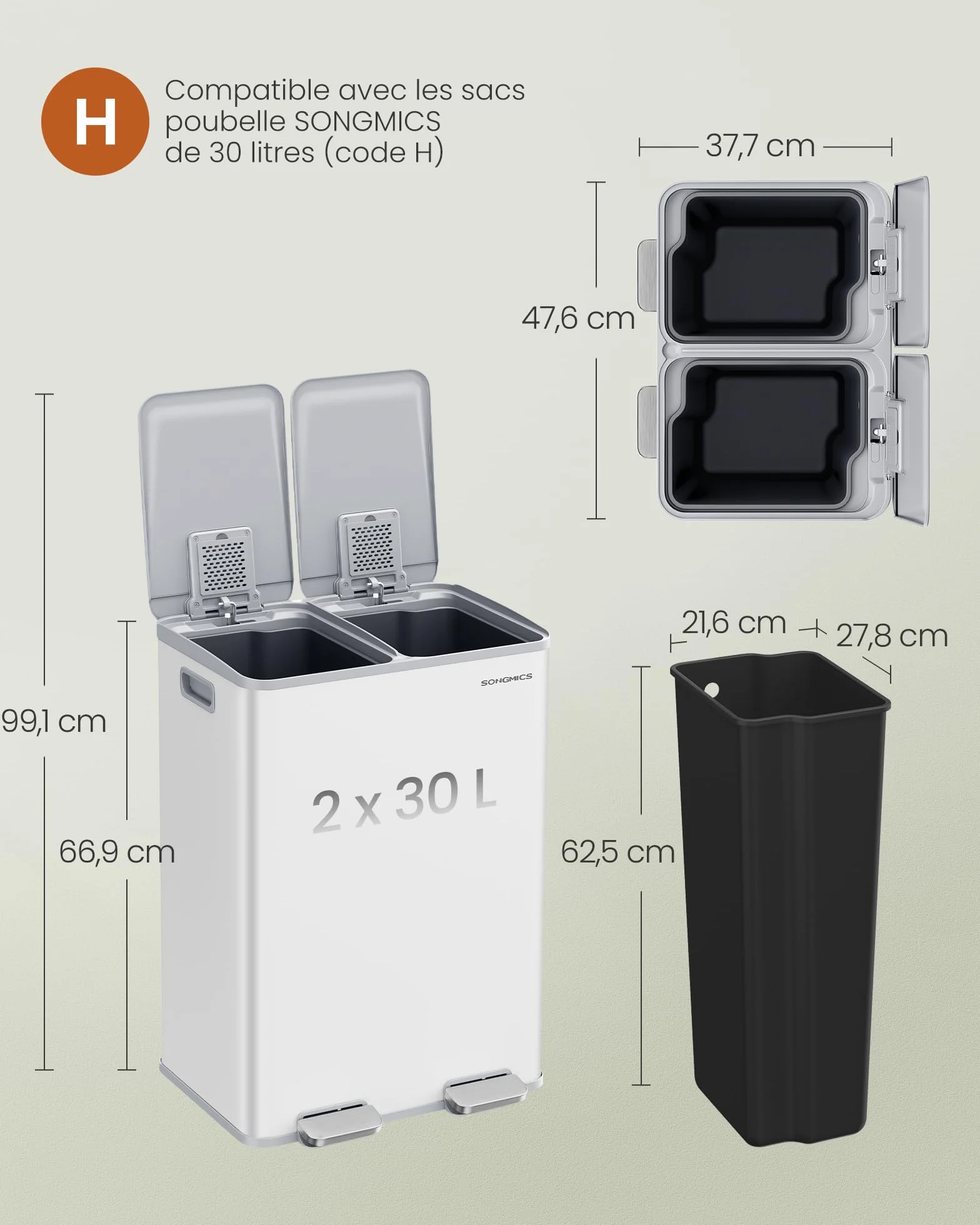 SONGMICS Poubelle de Cuisine 2 x 30 L Acier Inoxydable avec Pédale Blanc Mat LTB741W02