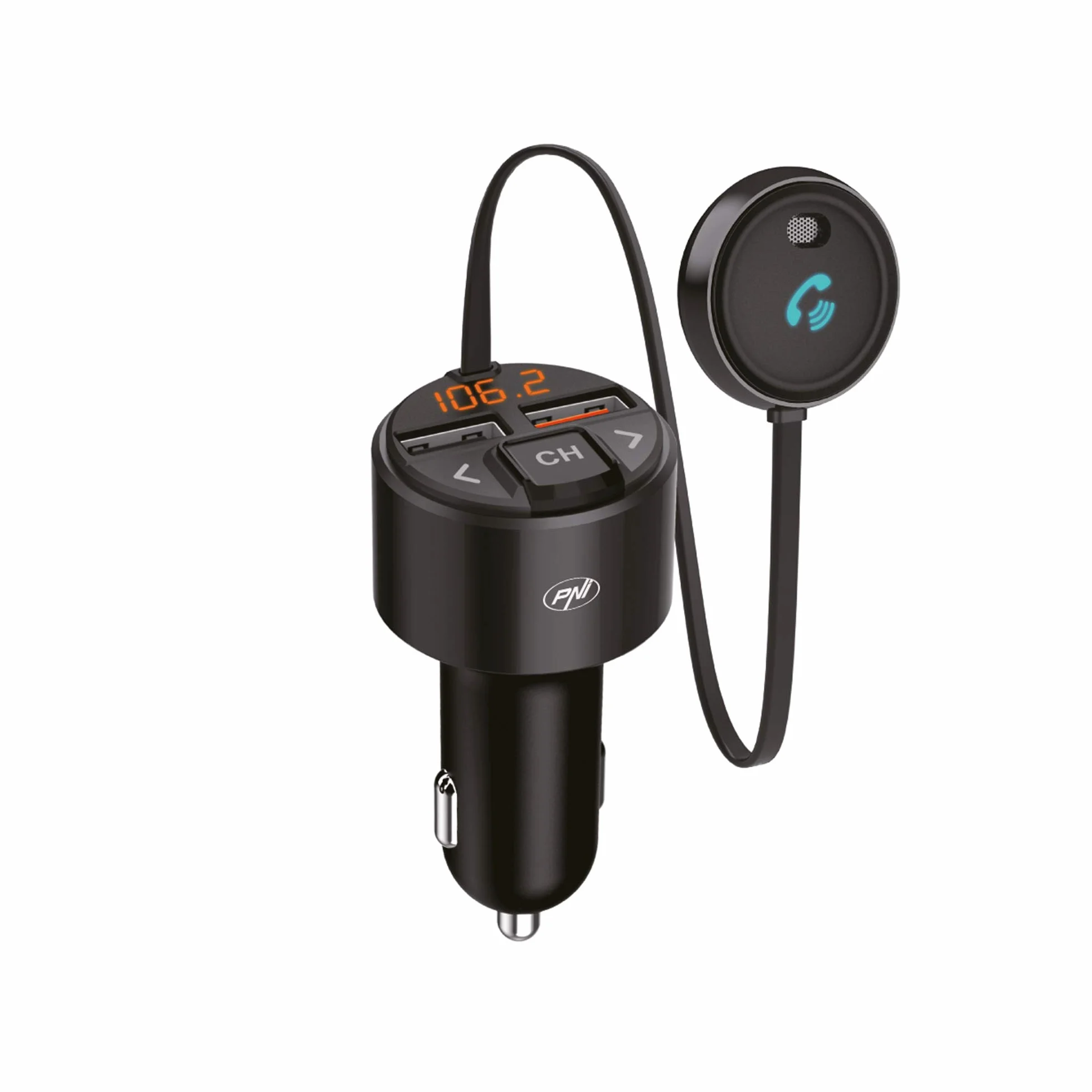 PNI PNI-V880 Valentine V880 modulator z mikrofonem, Bluetooth 5.0, odtwarzacz MP3, nadajnik FM, dwa porty USB, szybkie ładowanie urządzeń mobilnych przez QC3.0, kompatybilny z Siri i Google Assistant