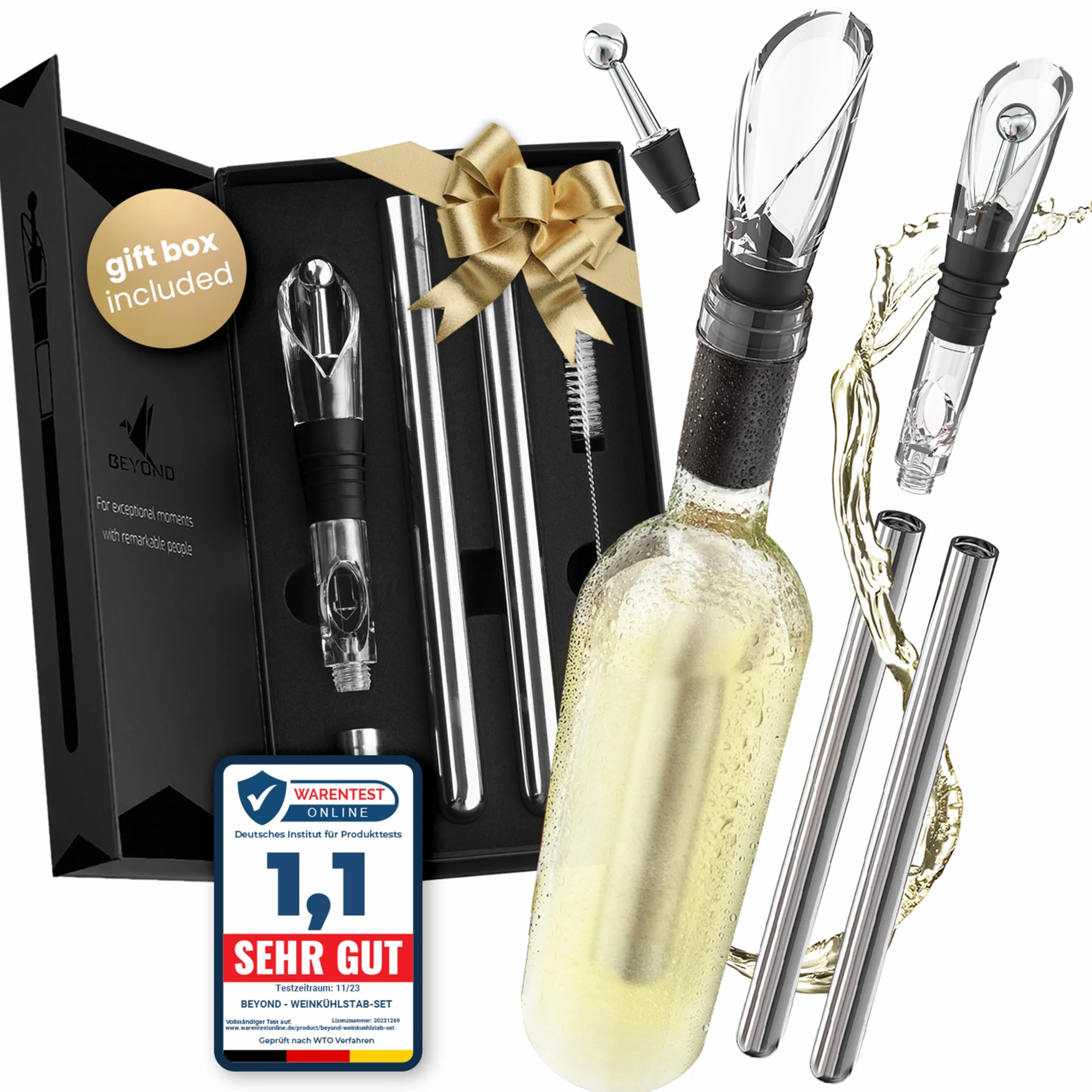 Beyond Bâton Refroidisseur de Vin en Acier Inoxydable avec Verseur – Set Rafraîchisseur pour Vin Blanc et Rouge Coffret Cadeau