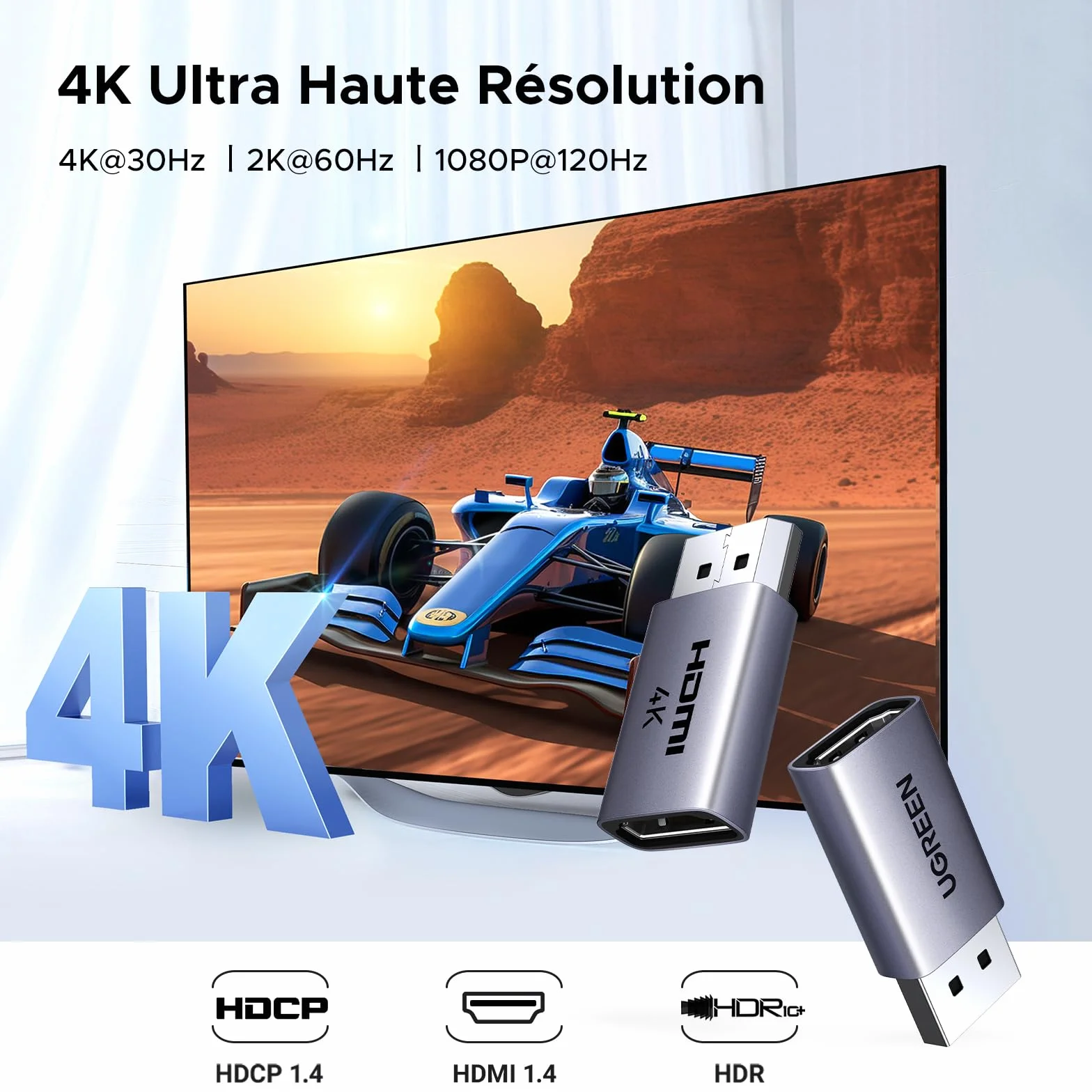 UGREEN Adaptateur DisplayPort vers HDMI 4K 30Hz 2K 60Hz 1080P Unidirectionnel Convertisseur DP Mâle vers HDMI Femelle HDR Aluminium 2 Pack