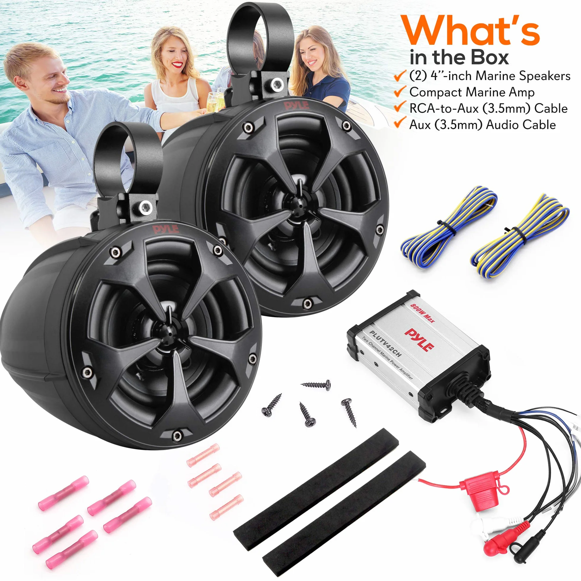 Pyle Głośniki morskie 800 W ze wzmacniaczem, wodoodporny, pełnozakresowy, wodoodporny system głośników stereo z kablem wejściowym audio RCA, AUX i MP3 do ATV, UTV, 4 x 4, quadów, jeepów, łodzi