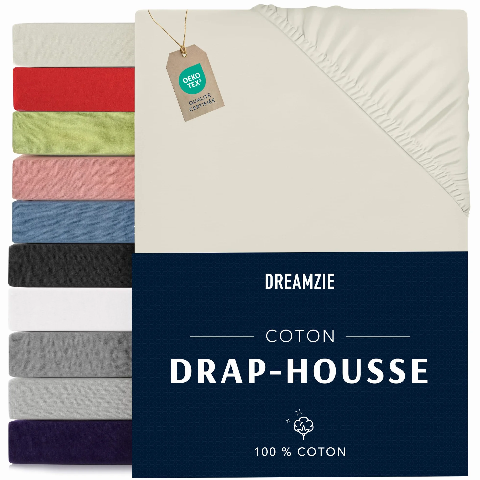 Dreamzie Drap Housse 140x190/200 Beige 100% Jersey Coton Certifié Oeko Tex