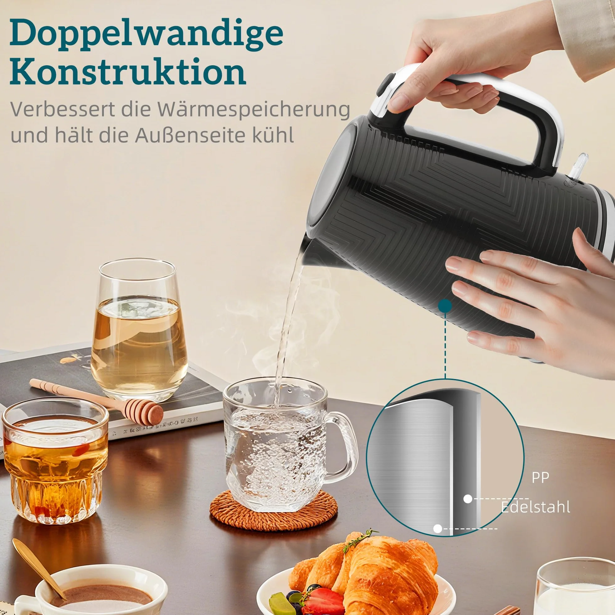 HOMCOM Bouilloire Toaster Set Acier inoxydable 1,7L Bouilloire 2 disques Toaster 2200W Set petit-déjeuner avec thermostat Otter, 7 niveaux de brunissage, décongélation, réchauffage, compartiment à