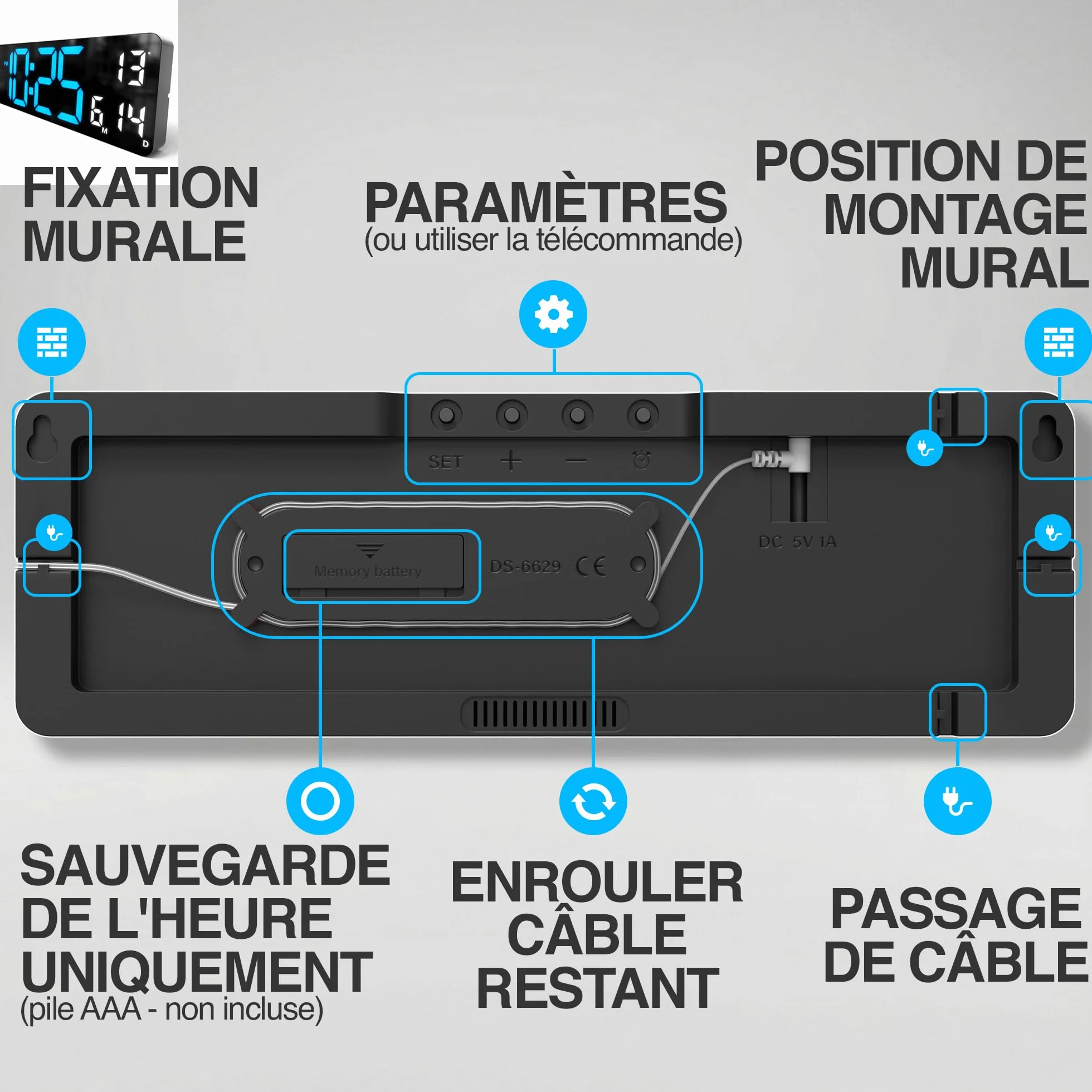 Horloge Numérique Murale Grand Affichage Chiffres LED Lisibles Silencieuse Bleu/Blanc