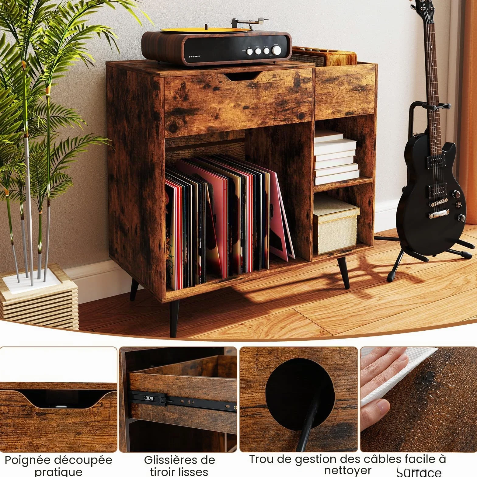 KOMFOTTEU Meuble Platine Vinyle avec Station de Charge, Support de Tourne-Disque avec 4 Compartiments Semi-Ouverts et 1 Tiroir, Meuble Tourne-Disque,80 x 40 x 79 cm, Style Industriel